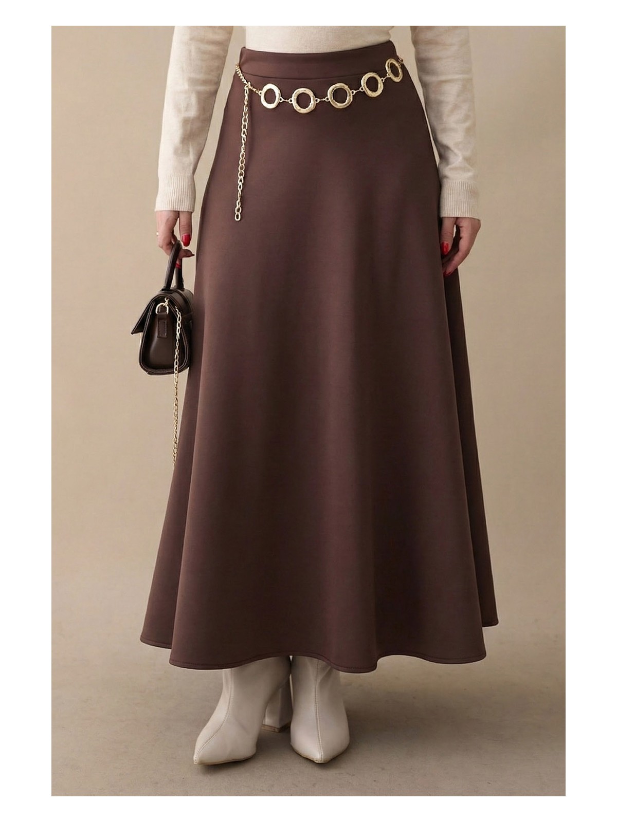 inStyle Kloş Beli Lastikli Scuba Etek Acı Kahve %100 Polyester Malzemeden Üretilmiştir