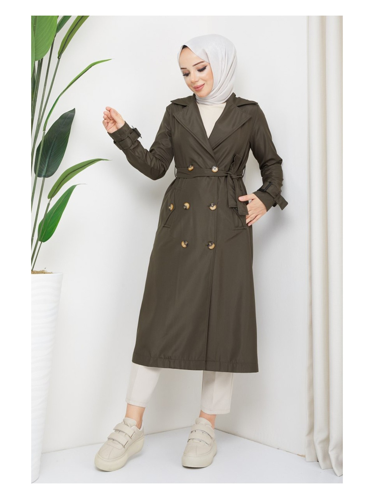 inStyle Kruvaze Yaka Kuşaklı Astarlı Haki Trençkot