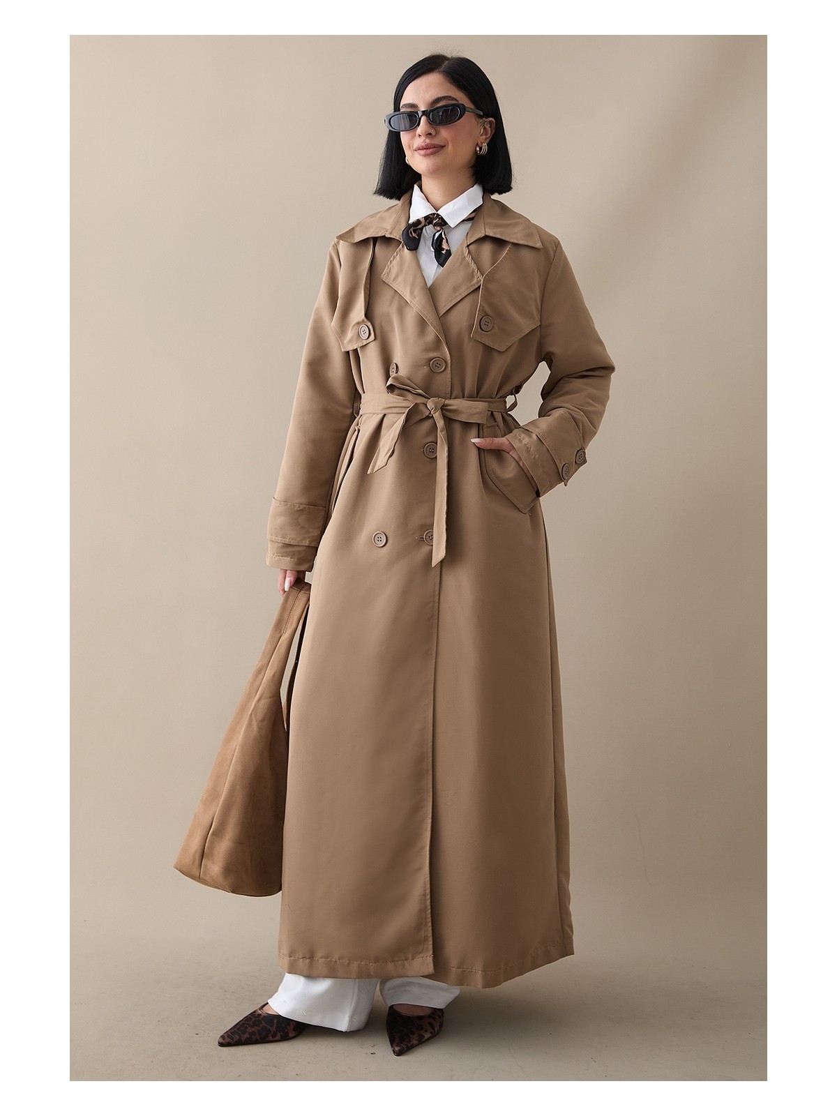 inStyle Çift Kapaklı Kuşaklı Bej Trençkot - Görsel 5