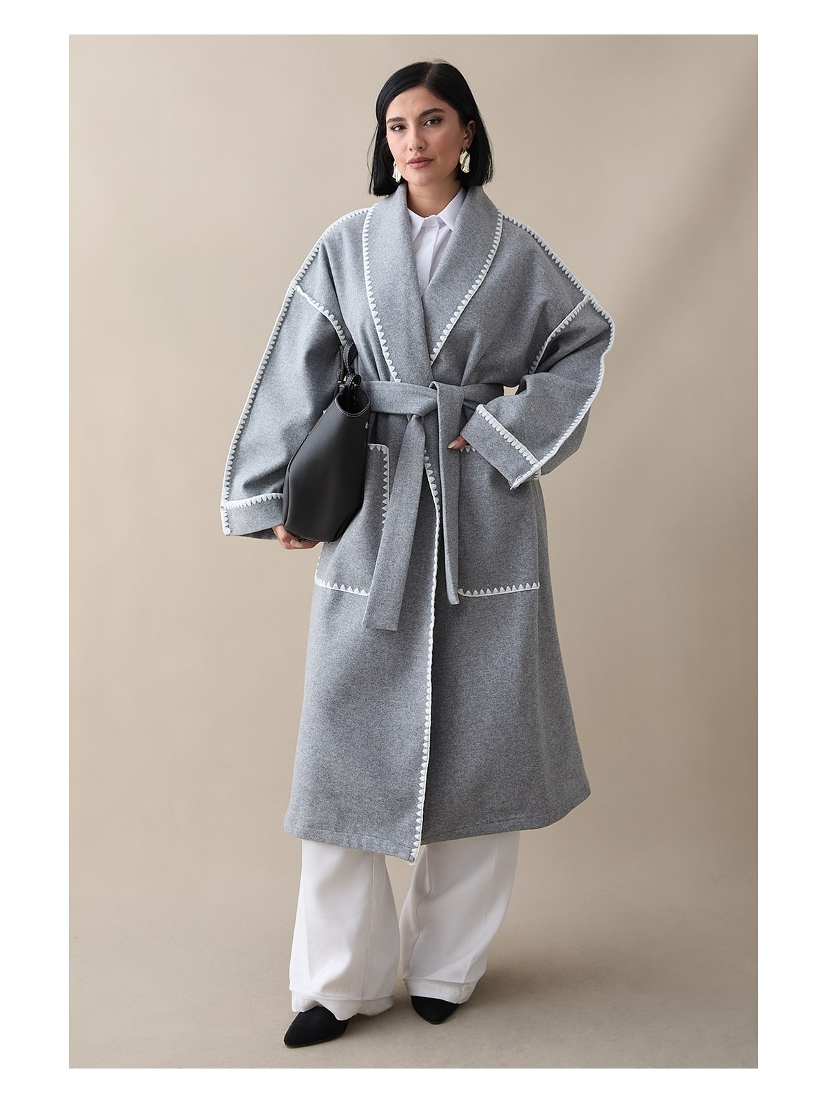 inStyle Çoban Dikiş Kuşaklı Siyah Kaşe Kaban - Görsel 3