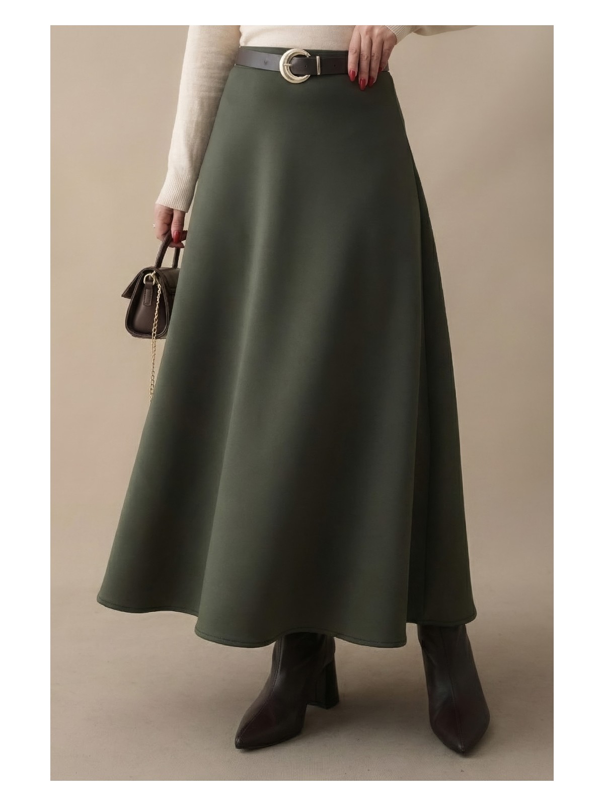 inStyle Kloş Beli Lastikli Scuba Koyu Bej Etek - Görsel 4