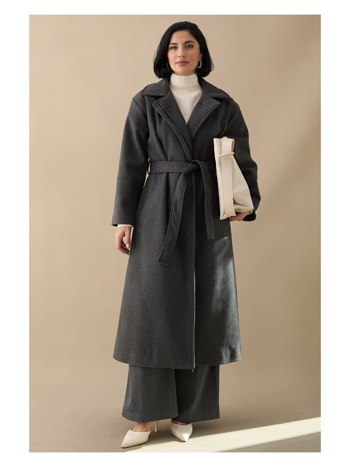 inStyle Astarlı Gizli Patlı Kuşaklı Antrasit Kaşe Kaban