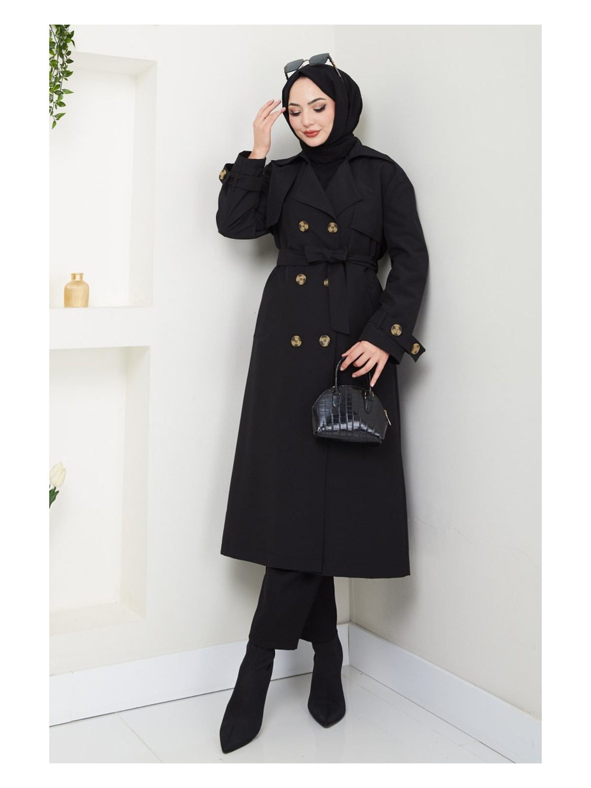 inStyle Taşlı Toka Detaylı Astarlı Lacivert Trençkot - Görsel 6