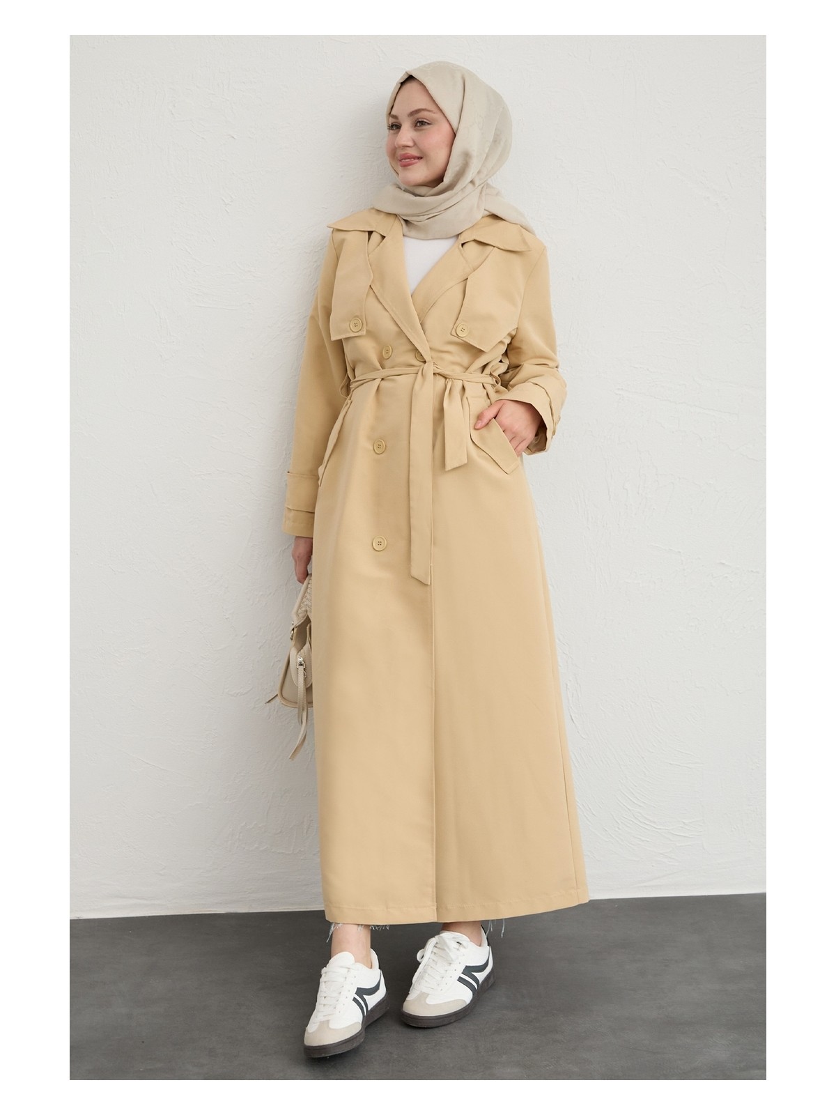 inStyle Kadın Çift Kapaklı Kuşaklı Trençkot Mint Yeşili Keten Malzeme ile Şık Tasarım - Görsel 3