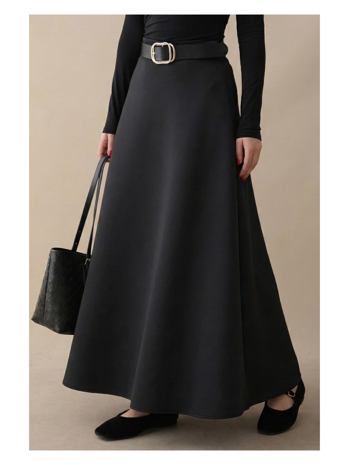 inStyle Kloş Beli Lastikli Scuba Siyah Etek