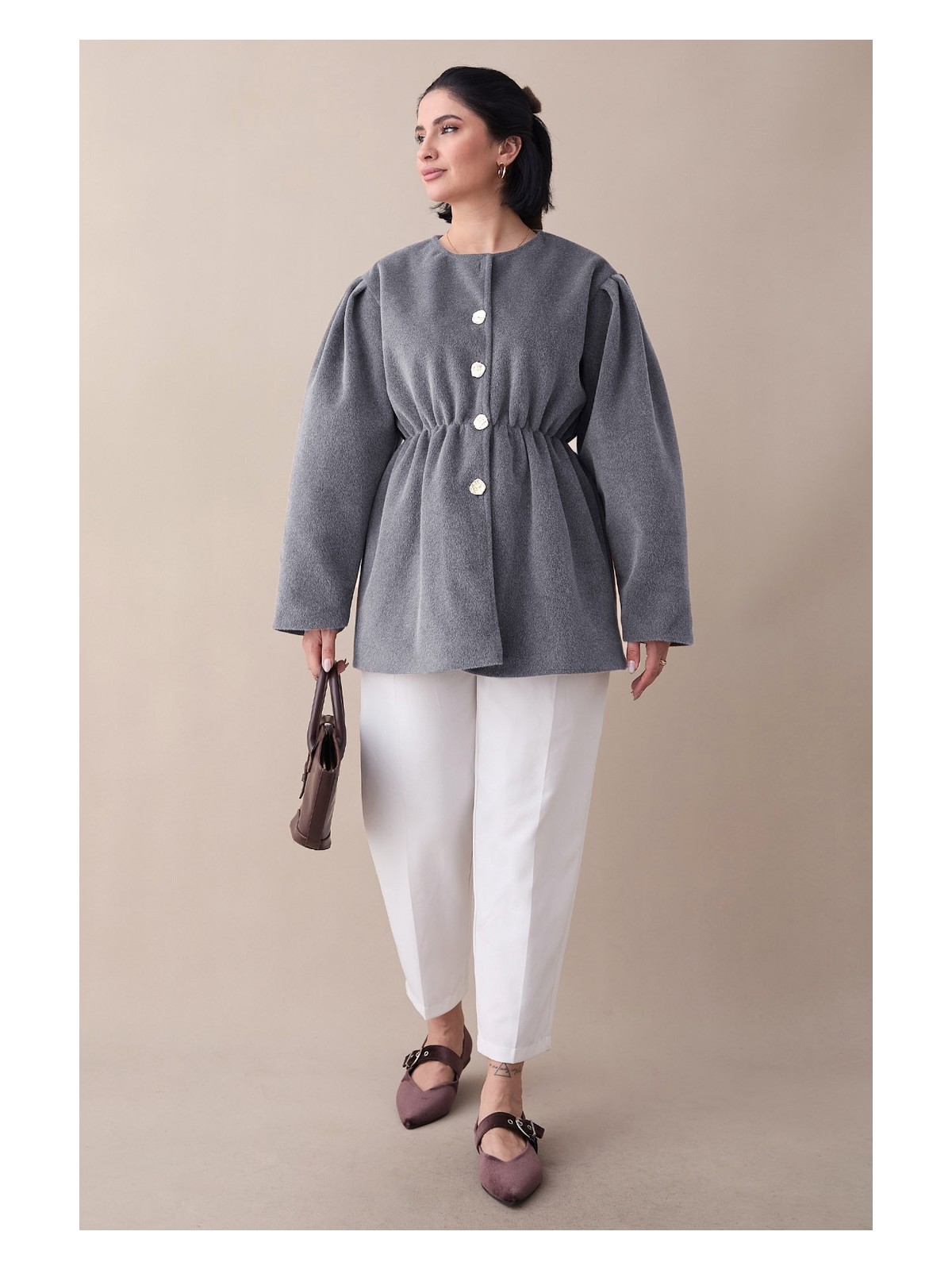 inStyle Beli Lastikli Astarlı Kaşe Taş Kaban - Görsel 3