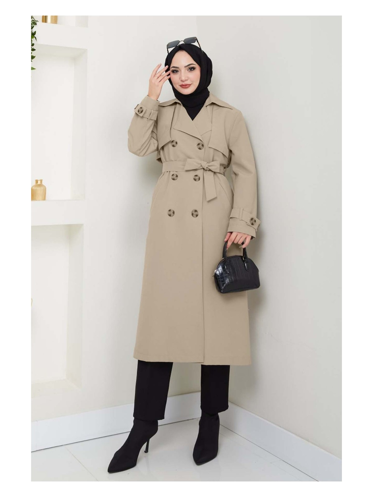 inStyle Kadın Mint Yeşili Taşlı Toka Detaylı Astarlı Keten Trençkot Şık ve Rahat Tasarım - Görsel 8