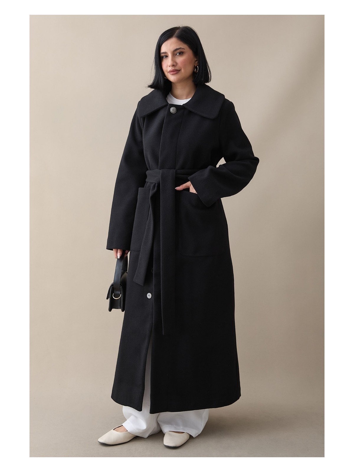 inStyle Kuşaklı Gizli Patlı Siyah Kaban