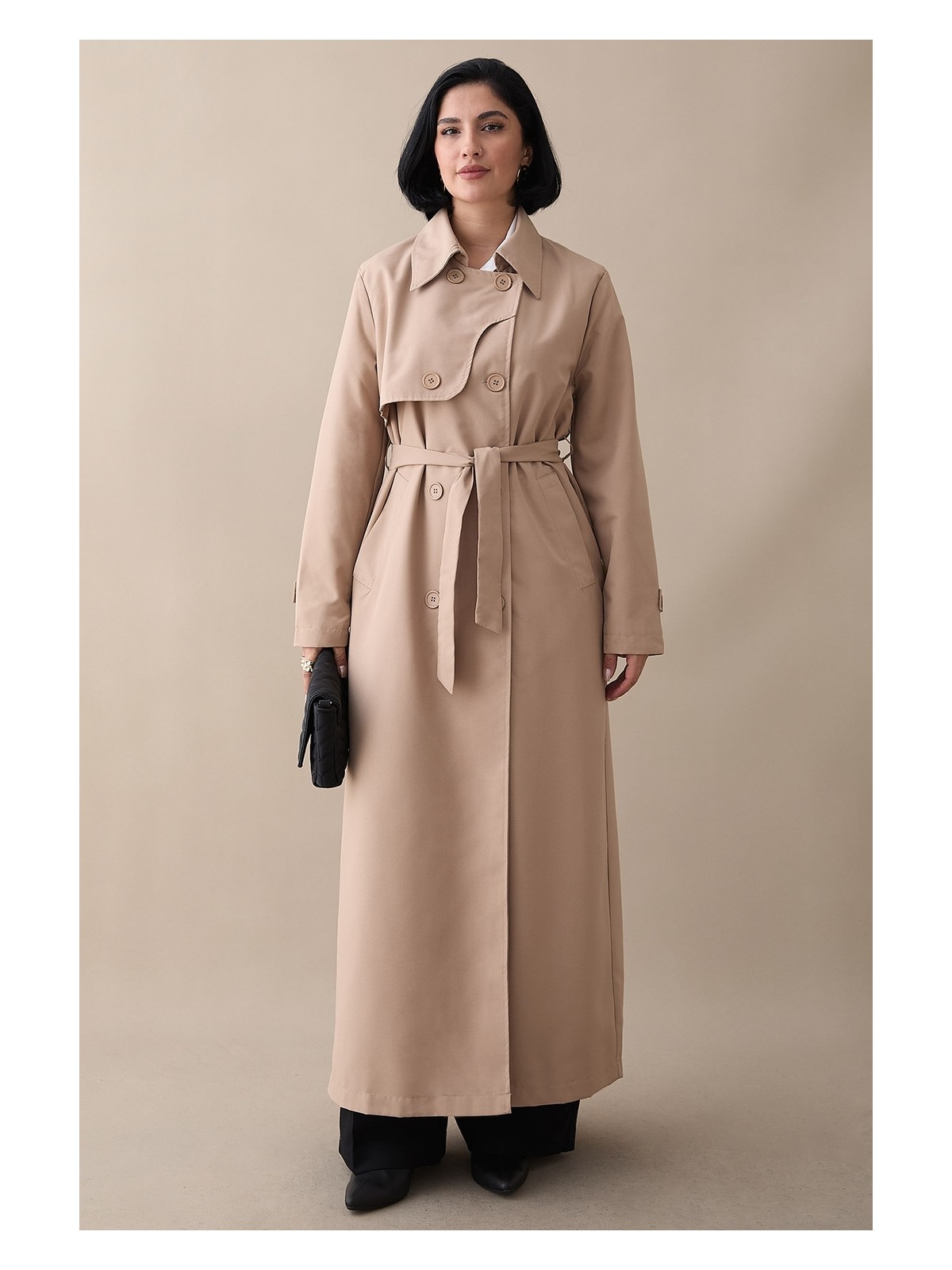 inStyle Kapak Detaylı Uzun Astarlı Siyah Trençkot Keten Kumaşlı Şık ve Fonksiyonel Kadın Giyim - Görsel 6