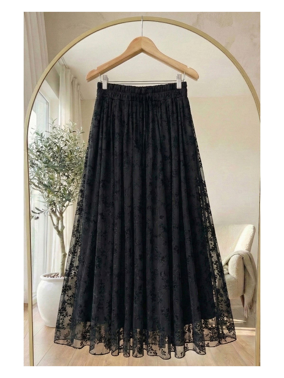 inStyle Çiçekli Flok Tül Astarlı Acı Kahve Etek - Görsel 3