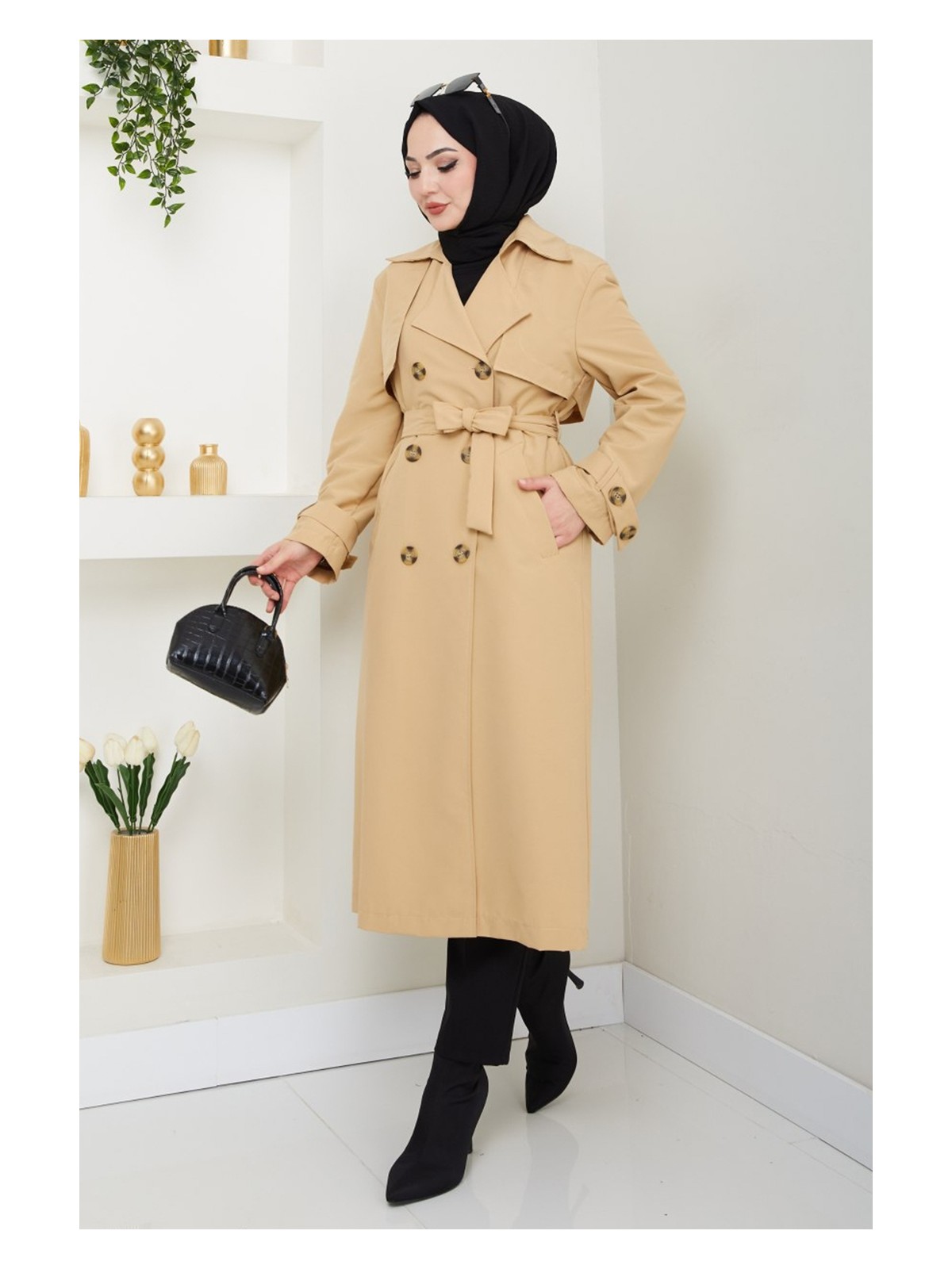 inStyle Taşlı Toka Detaylı Astarlı Siyah Trençkot - Görsel 3