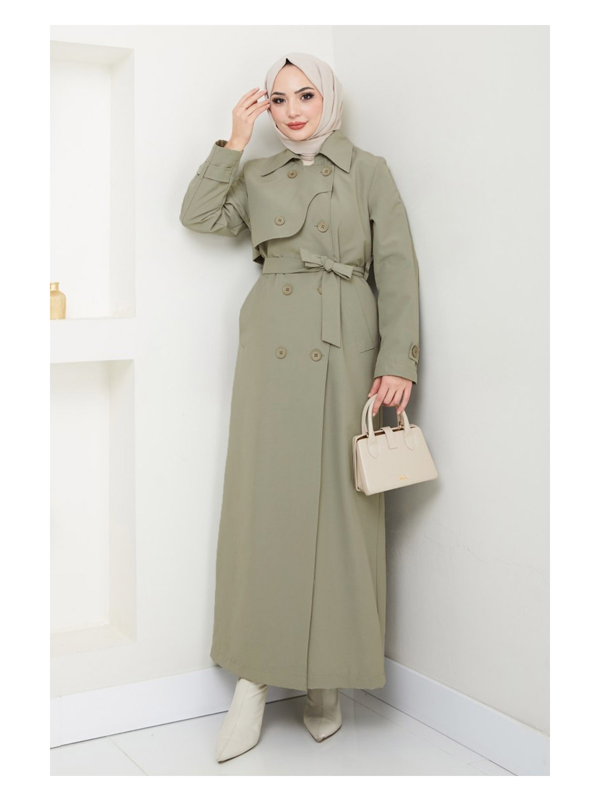 inStyle Kapak Detaylı Uzun Astarlı Siyah Trençkot Keten Kumaşlı Şık ve Fonksiyonel Kadın Giyim - Görsel 8