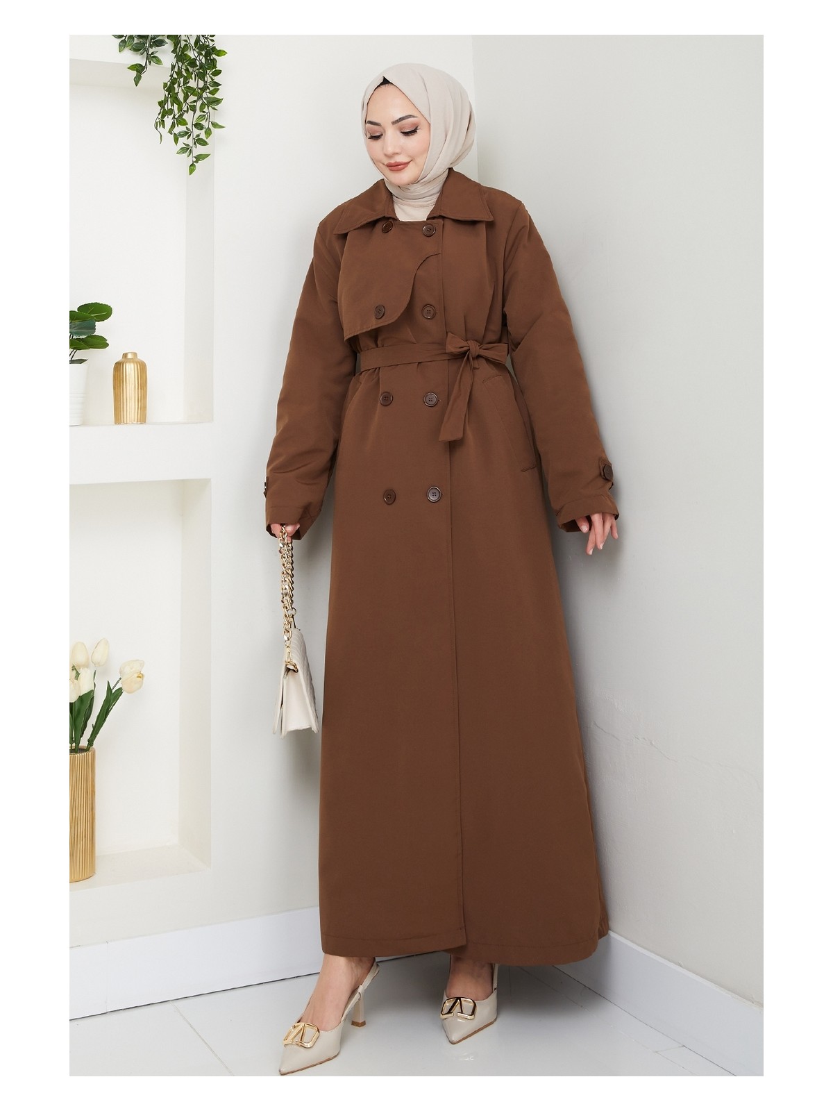 inStyle Kapak Detaylı Uzun Astarlı Siyah Trençkot Keten Kumaşlı Şık ve Fonksiyonel Kadın Giyim - Görsel 4