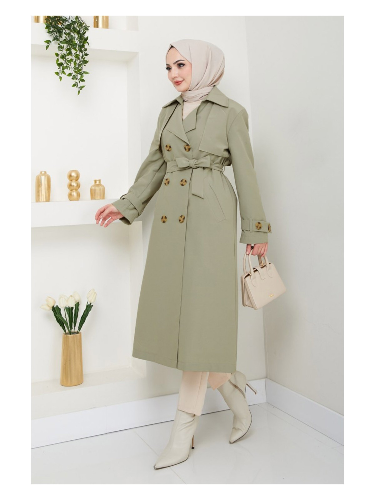 inStyle Kadın Mint Yeşili Taşlı Toka Detaylı Astarlı Keten Trençkot Şık ve Rahat Tasarım - Görsel 10