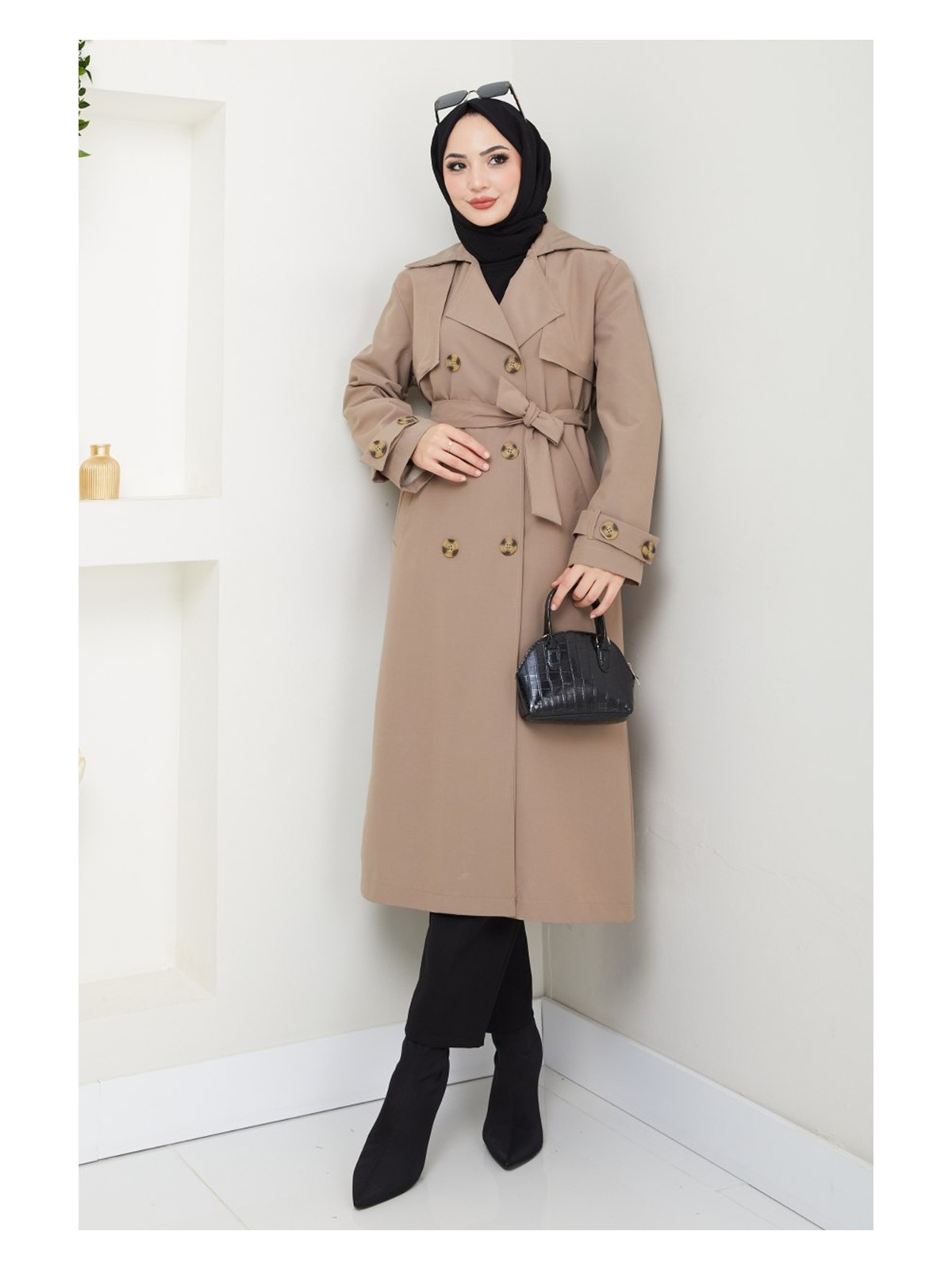 inStyle Taşlı Toka Detaylı Astarlı Siyah Trençkot - Görsel 4