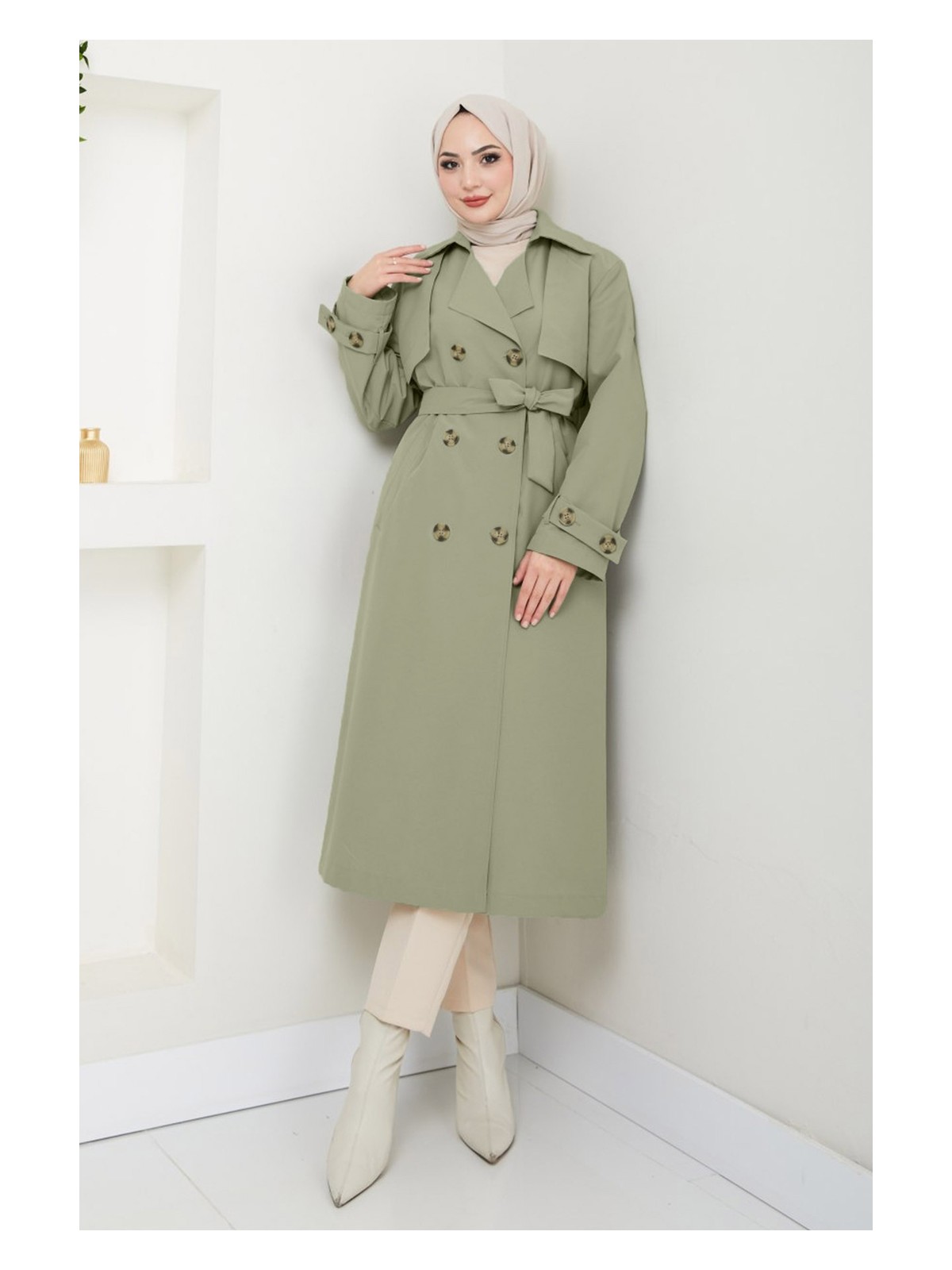 inStyle Taşlı Toka Detaylı Astarlı Lacivert Trençkot - Görsel 7