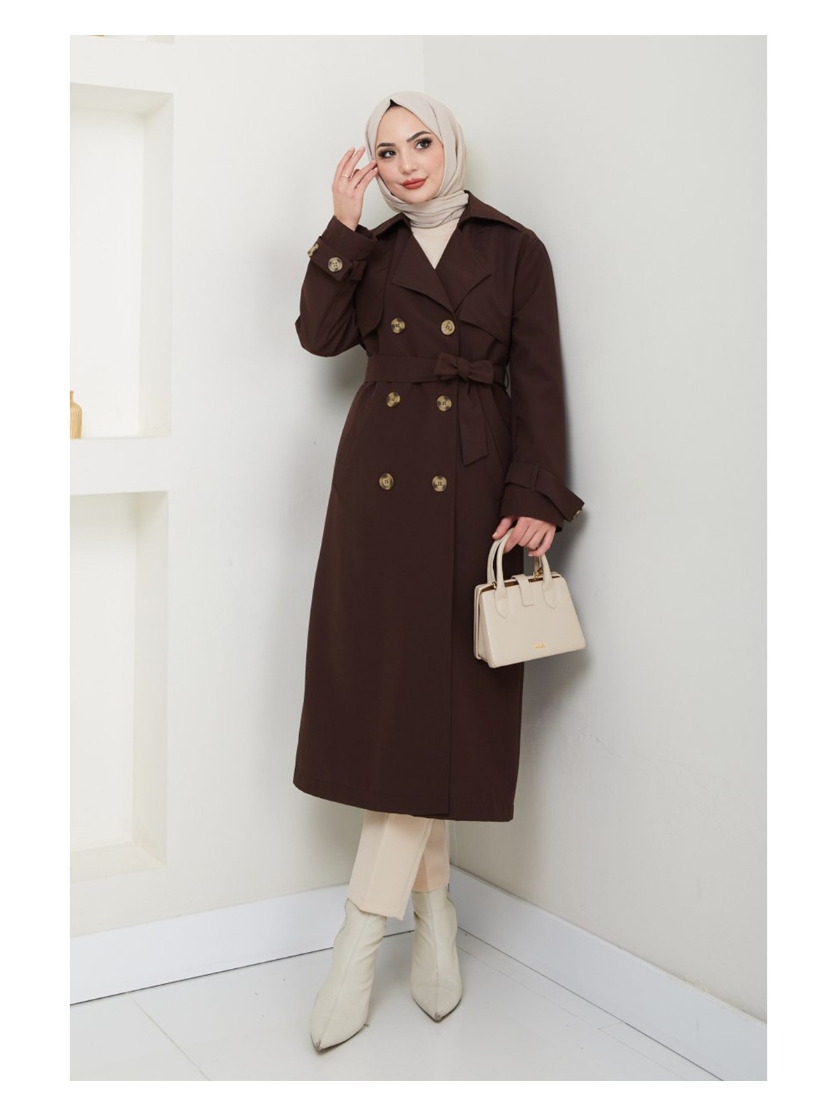 inStyle Taşlı Toka Detaylı Astarlı Siyah Trençkot - Görsel 9