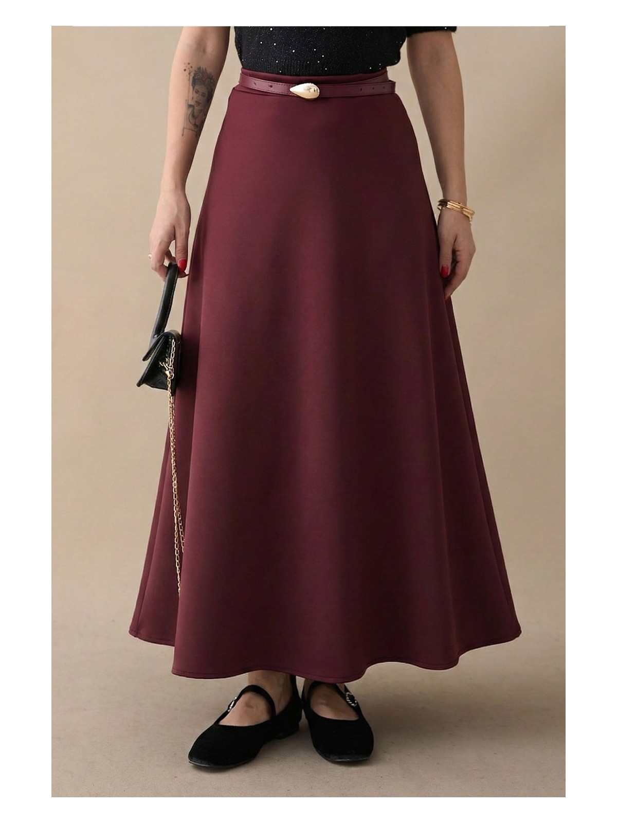 inStyle Kloş Beli Lastikli Scuba Koyu Bej Etek - Görsel 6