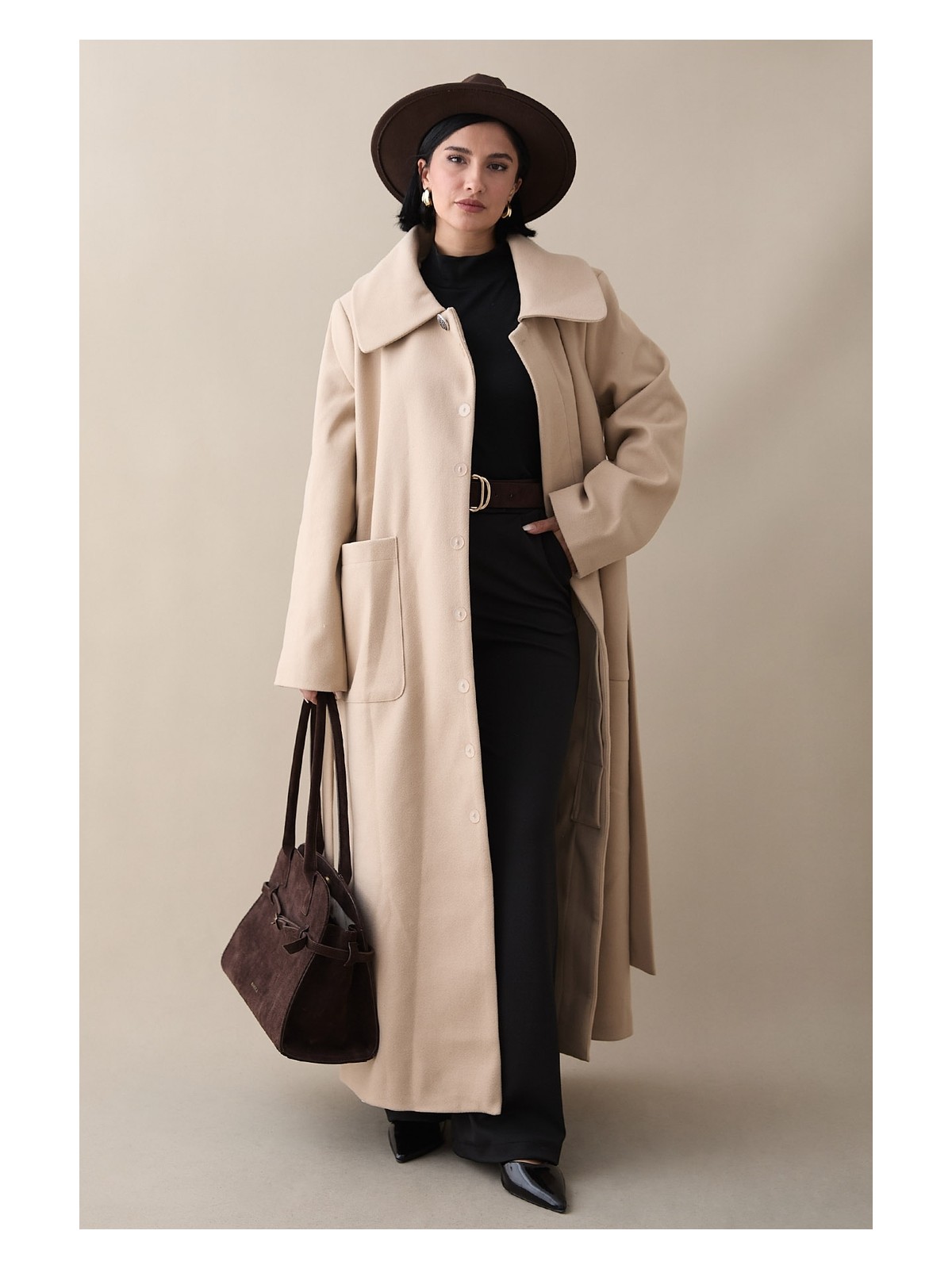 inStyle Kuşaklı Gizli Patlı Siyah Kaban - Görsel 3