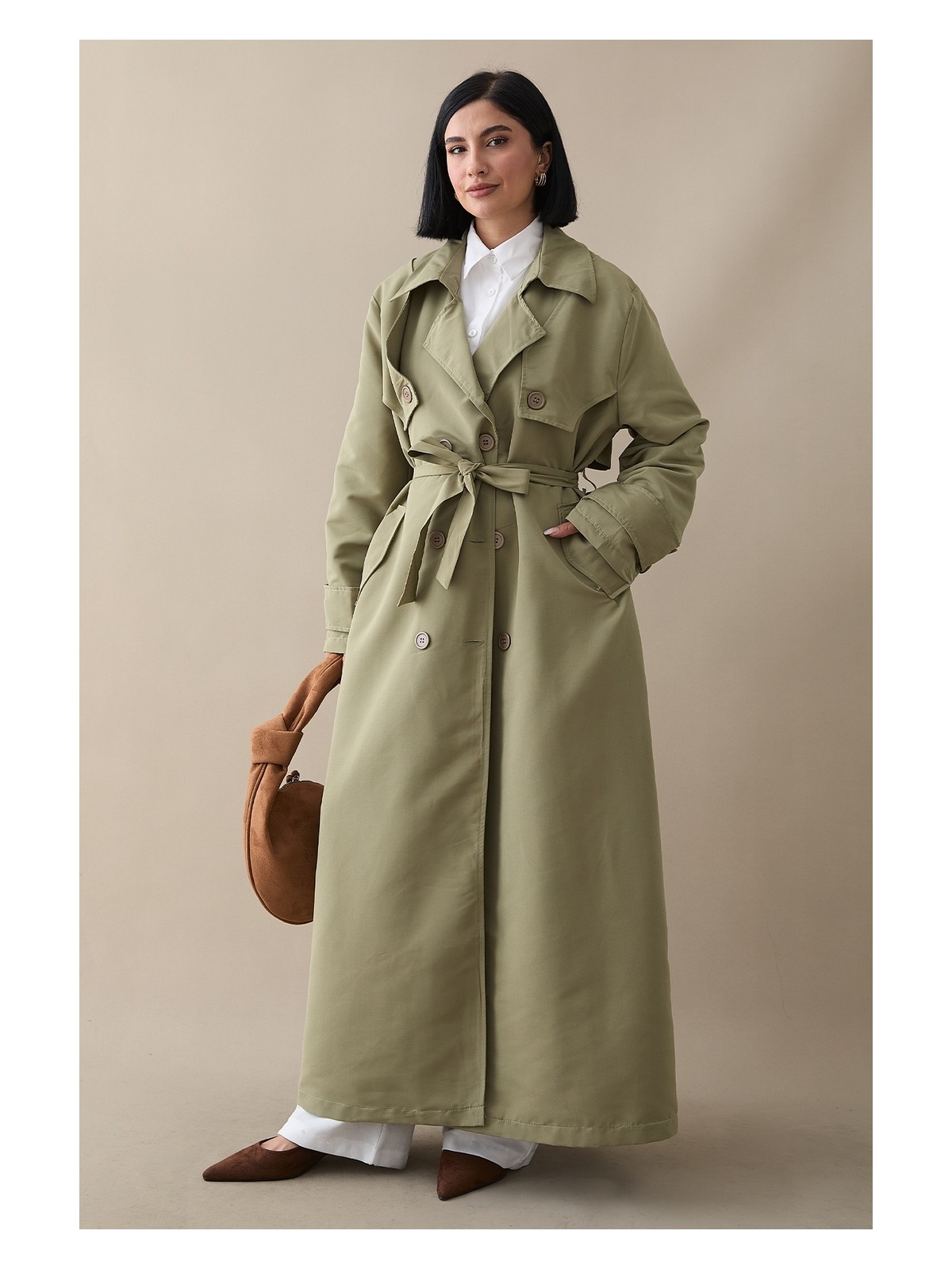 inStyle Çift Kapaklı Kuşaklı Sütlü Kahve Trençkot - Görsel 6