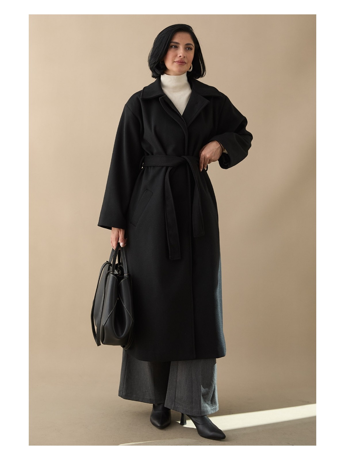 inStyle Astarlı Gizli Patlı Kuşaklı Antrasit Kaşe Kaban - Görsel 4