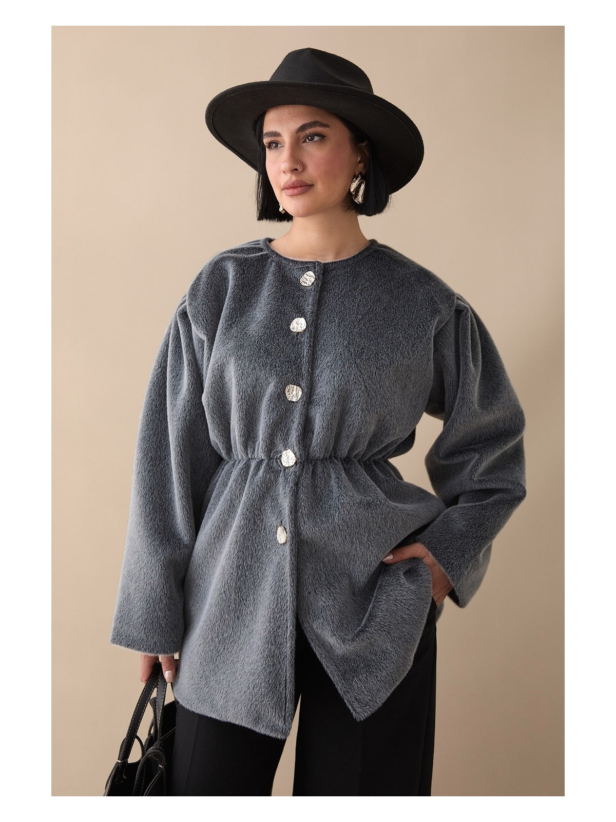 inStyle Beli Lastikli Astarlı Kaşe Gri Kaban - Görsel 4