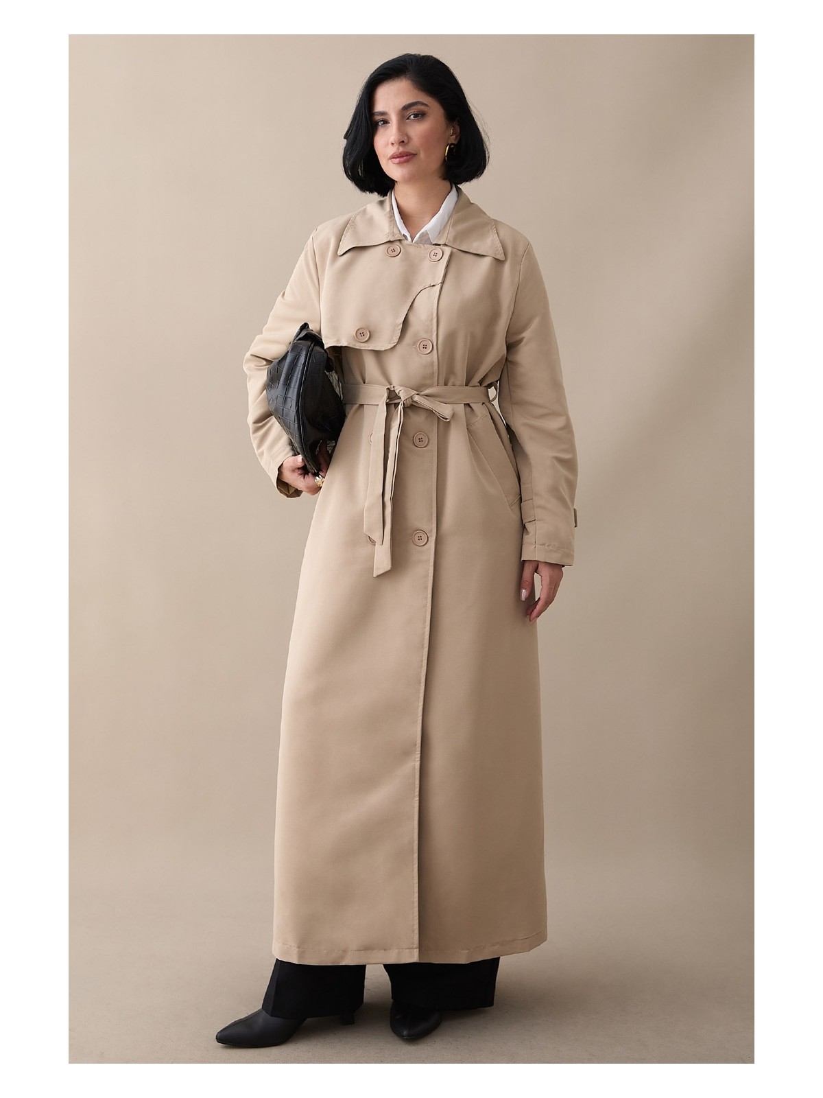 inStyle Kapak Detaylı Uzun Astarlı Siyah Trençkot Keten Kumaşlı Şık ve Fonksiyonel Kadın Giyim - Görsel 5