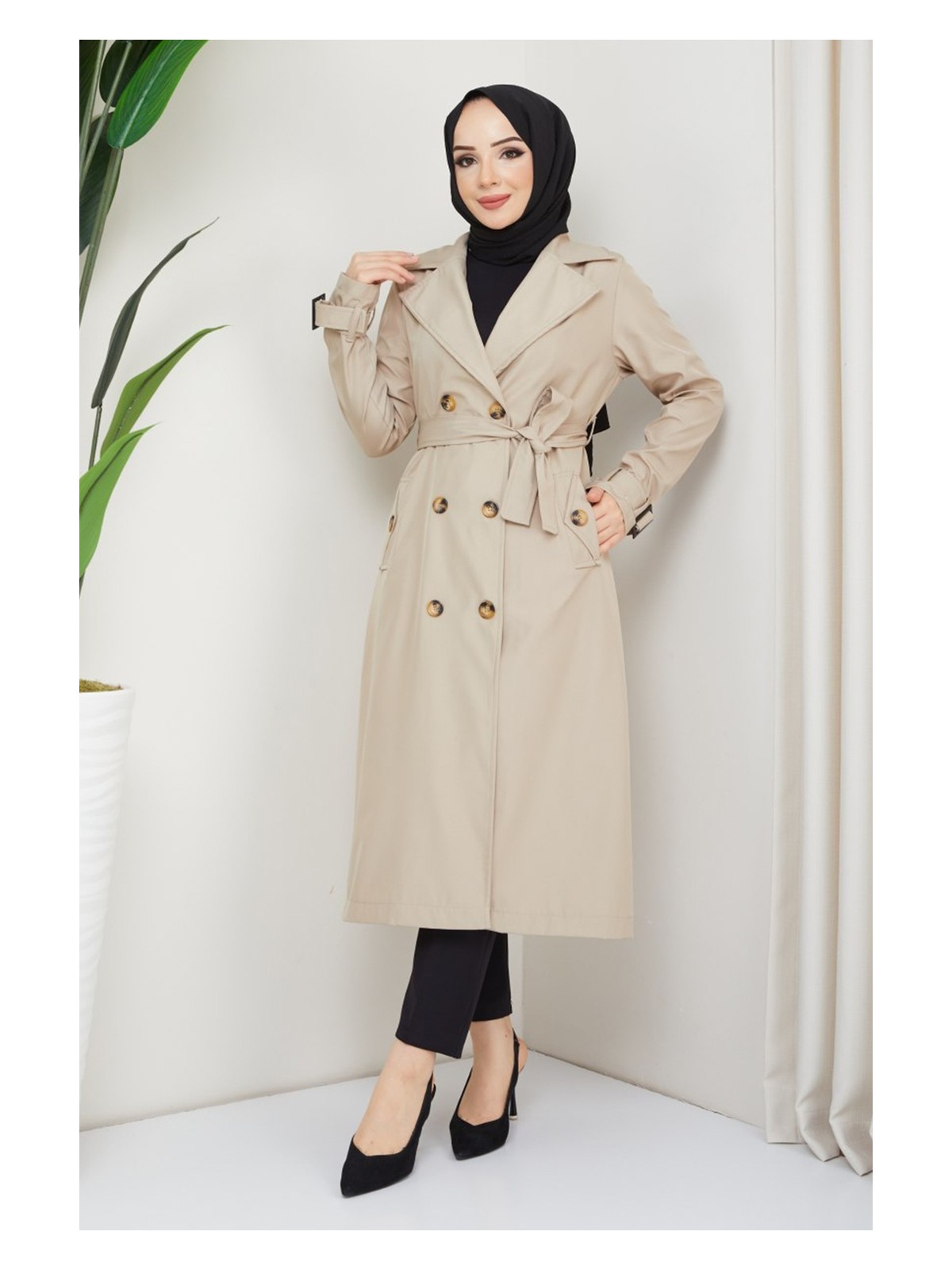 inStyle Kruvaze Yaka Kuşaklı Astarlı Haki Trençkot - Görsel 5