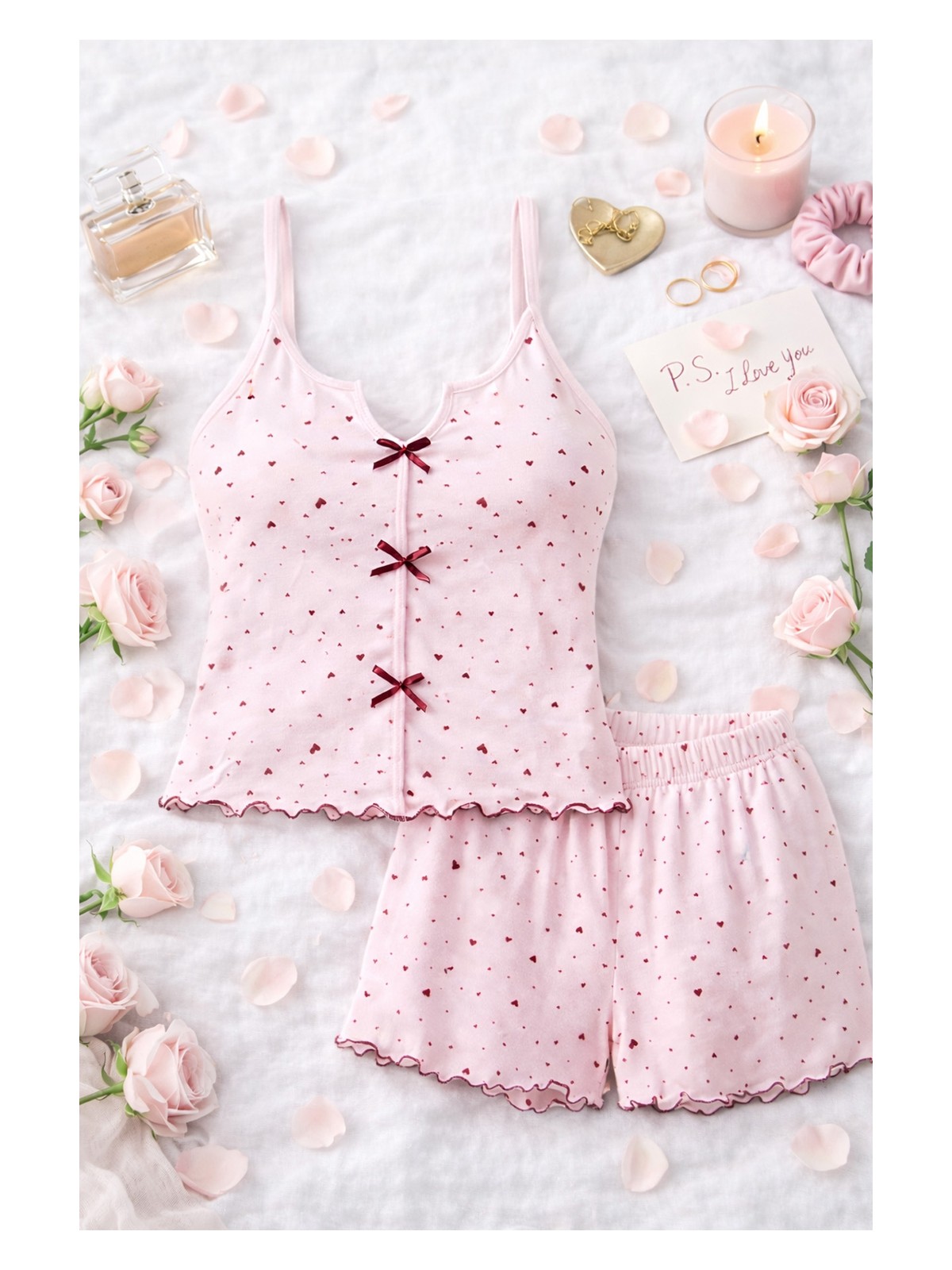 Koza İç Giyim Kadın Çiçek Desenli Gül Fiyonklu İp Askılı Şort Takım - Görsel 5