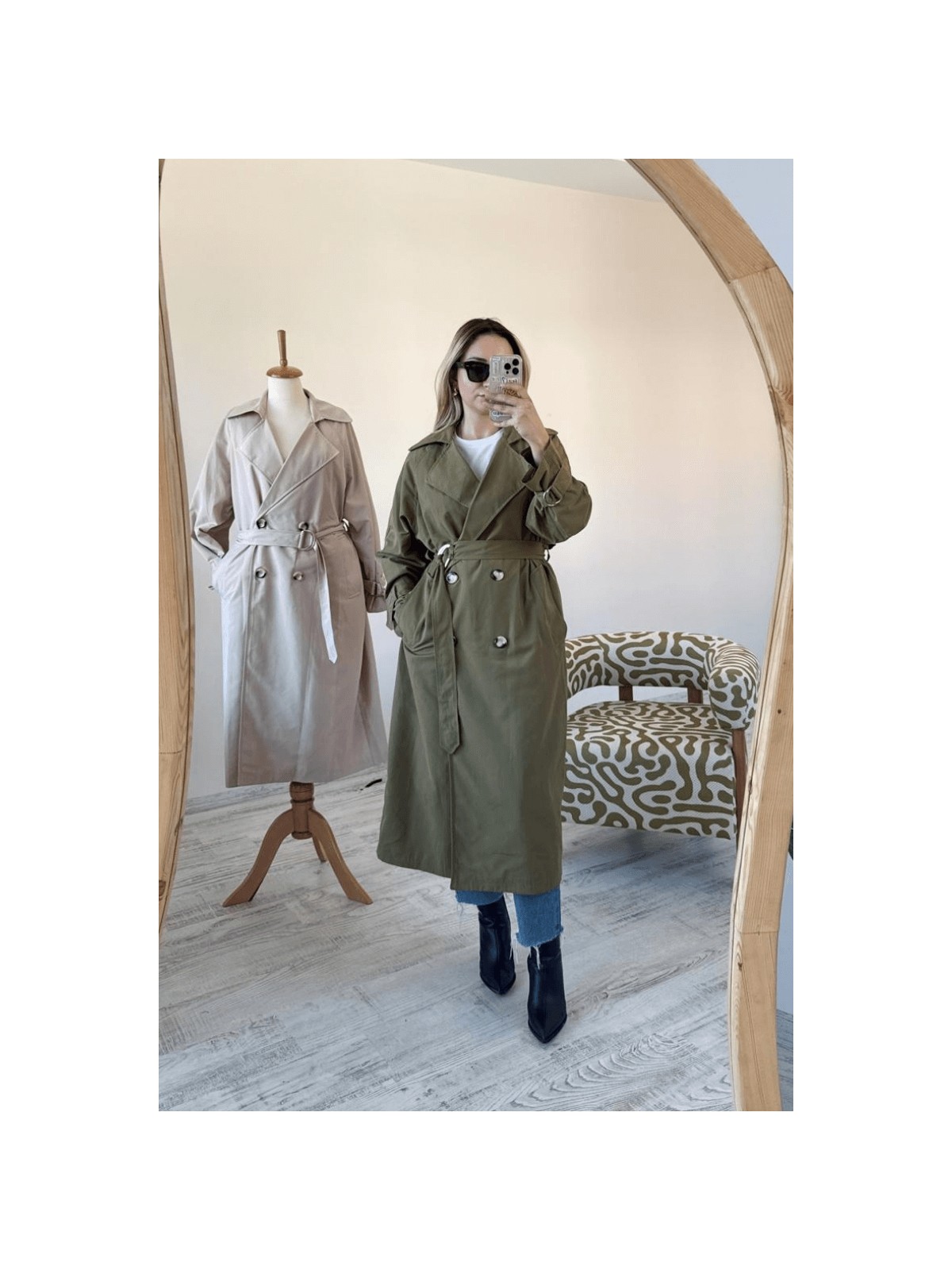 BeeYouStudio Haki Kruvaze Yaka Kolları Kemerli Düğmeli Uzun Trençkot S