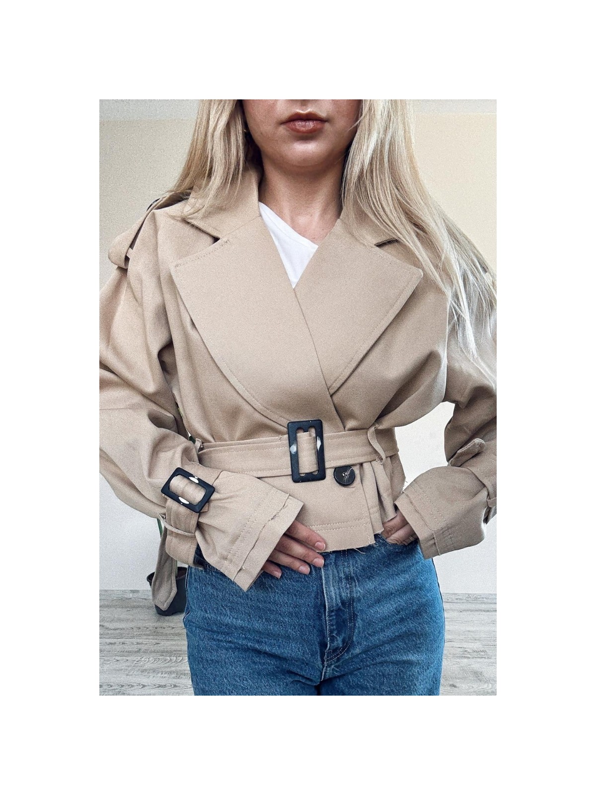 BeeYouStudio Bej Kemerli Kısa Trençkot M