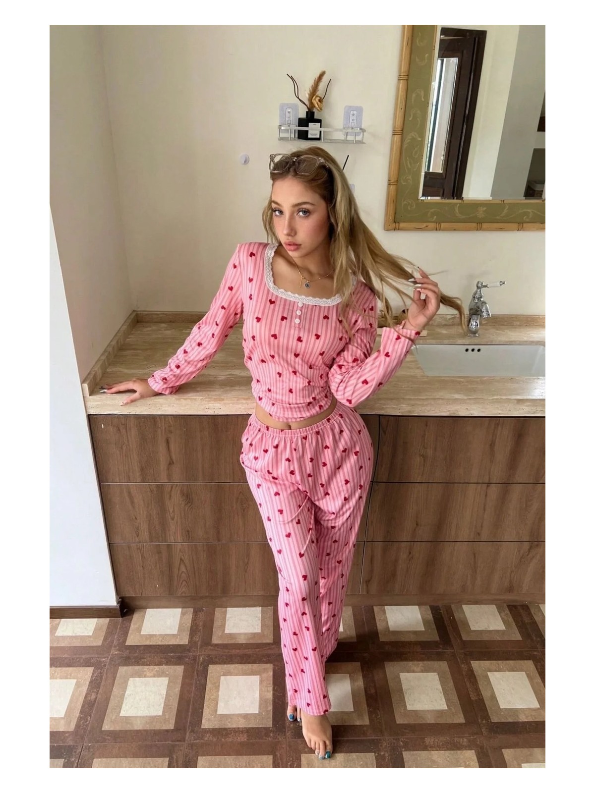 Bella Notte Çiçek Baskılı Uzun Kollu Pamuk - Viskon Pijama Takımı - Görsel 5