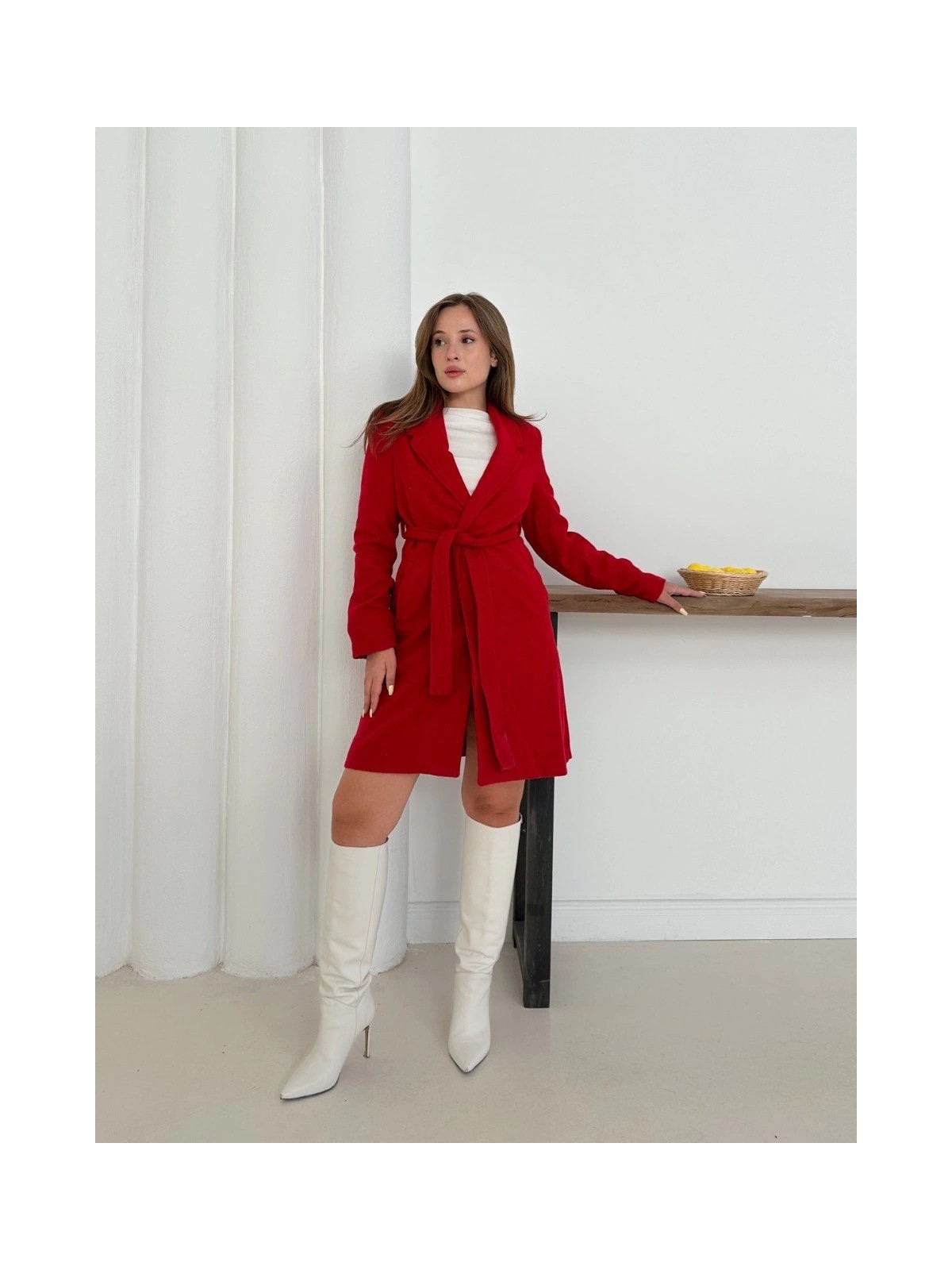 Üreticiniz Cepli Kuşaklı Kaşe Kaban Kırmızı ST26458 481348