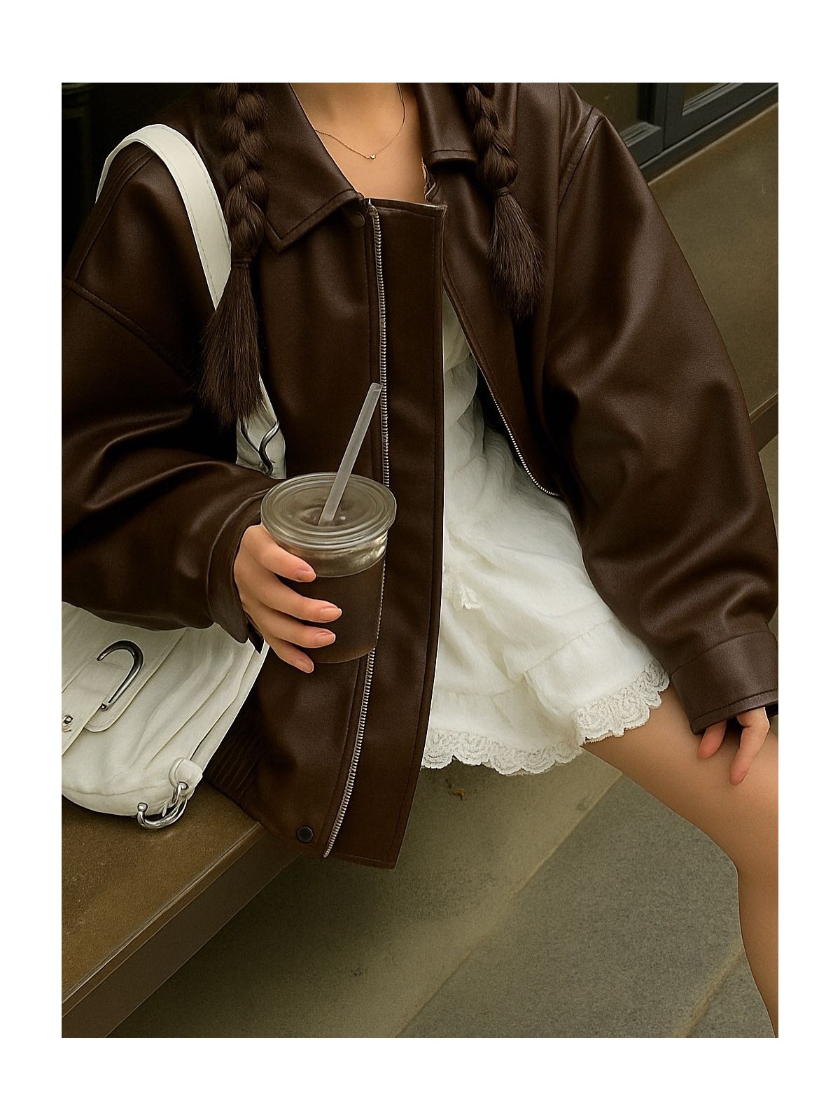 Çerme Vintage Kadın Oversize Siyah Deri Ceket - Görsel 4