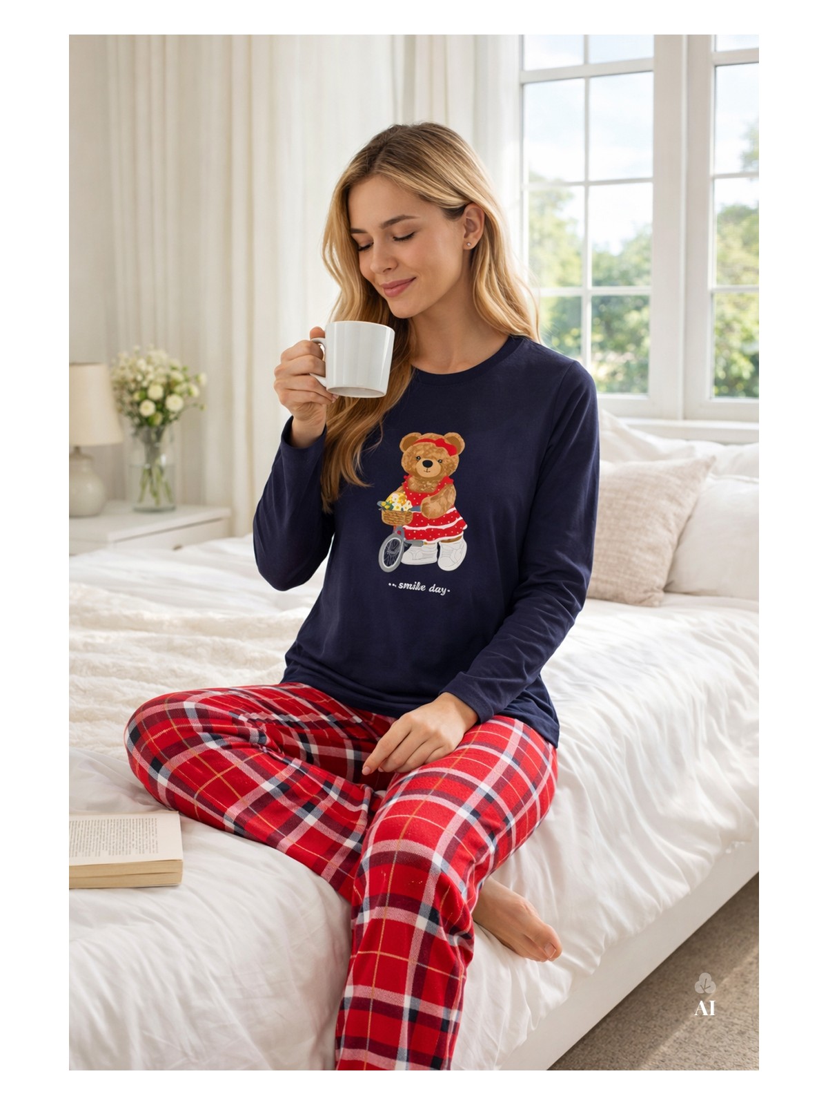 Koza İç Giyim Kadın Pamuklu Ayıcık Baskılı Ekose Desenli Pijama Takımı