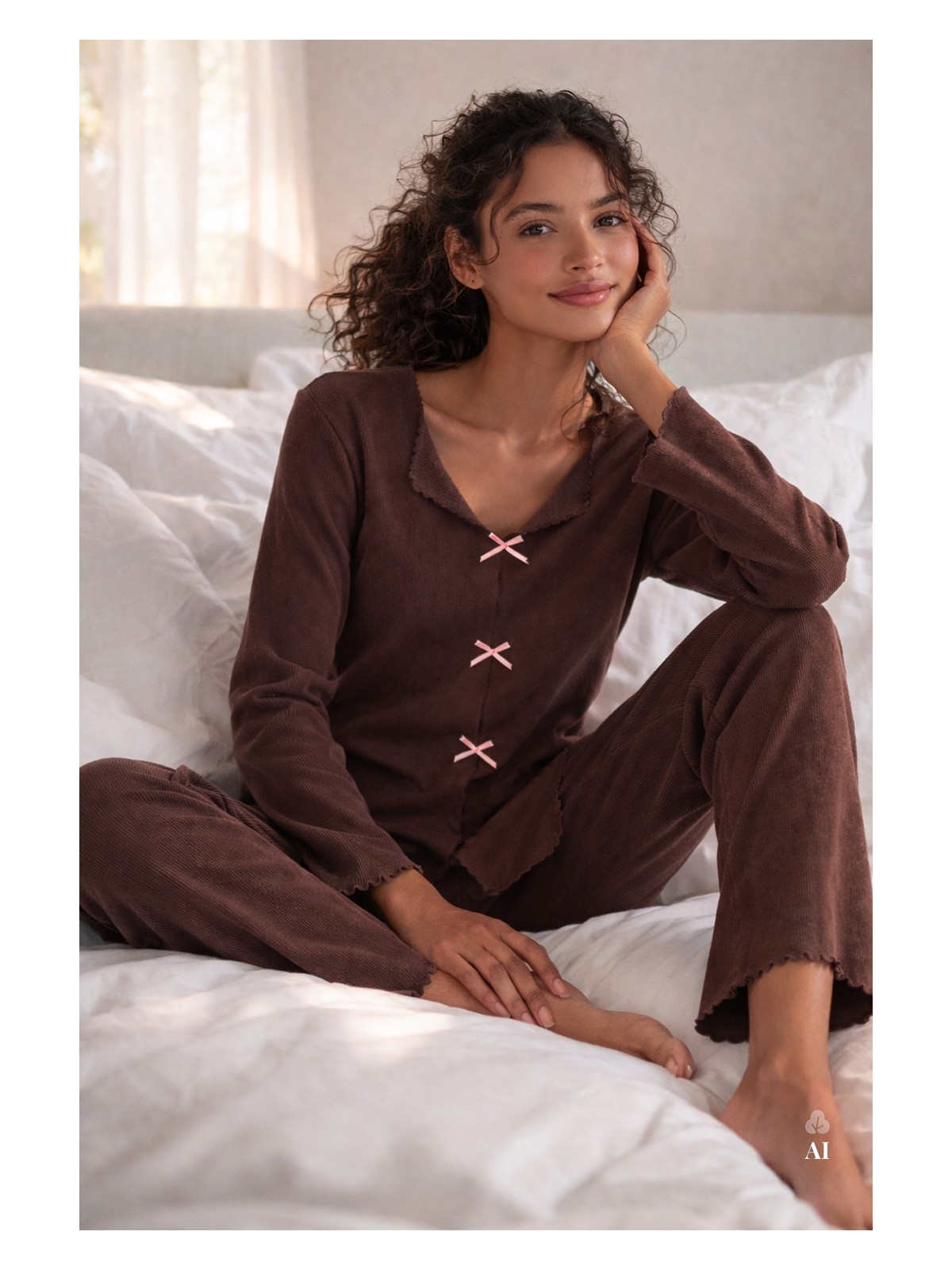 Koza İç Giyim Kadın Pamuklu Çıtır Çiçek Desenli Baby Overloklu Fiyonk Detaylı Uzun Kollu Pijama Takımı