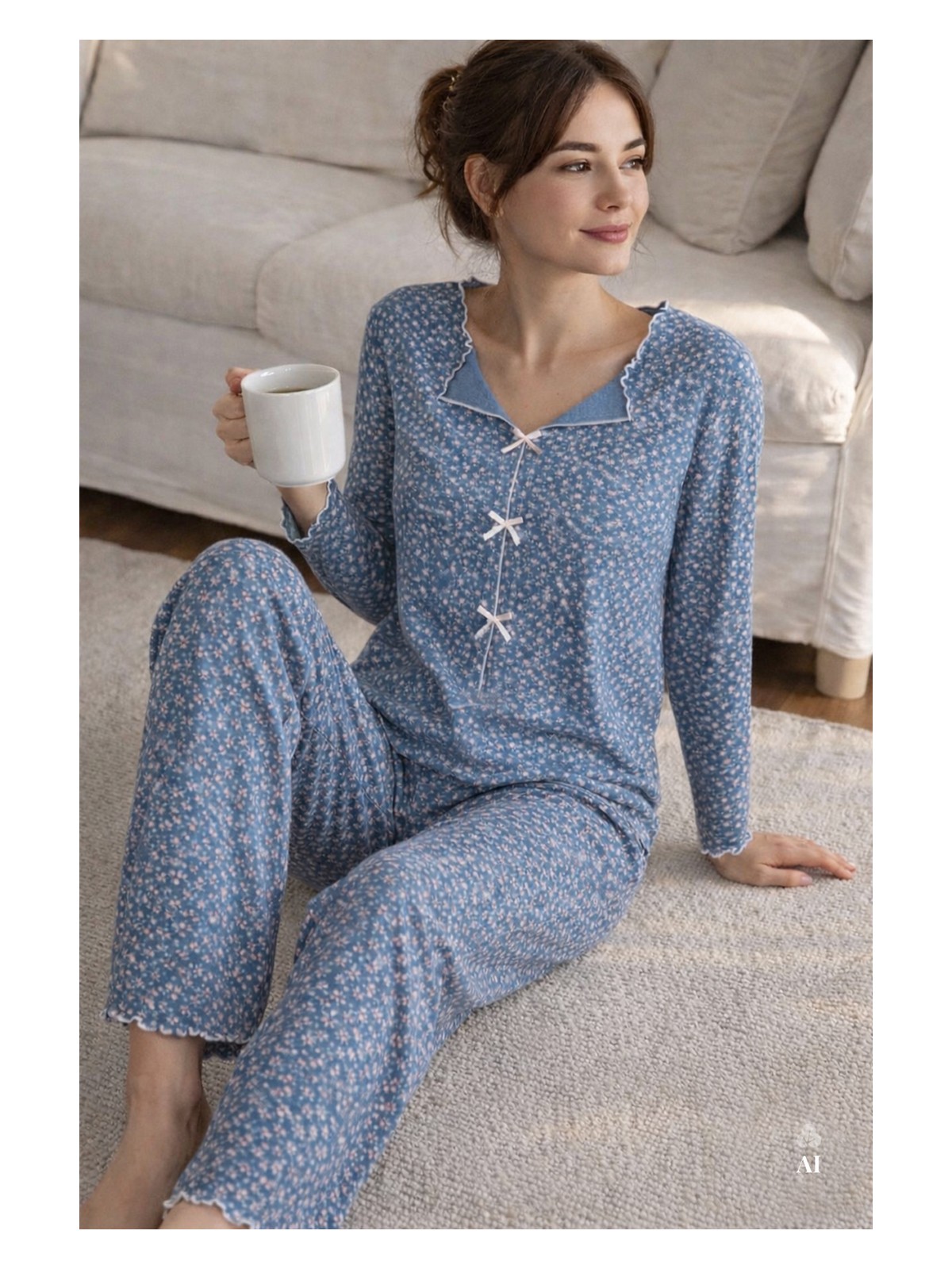 Koza İç Giyim Kadın Pamuklu Çıtır Çiçek Desenli Baby Overloklu Fiyonk Detaylı Uzun Kollu Pijama Takımı - Görsel 4