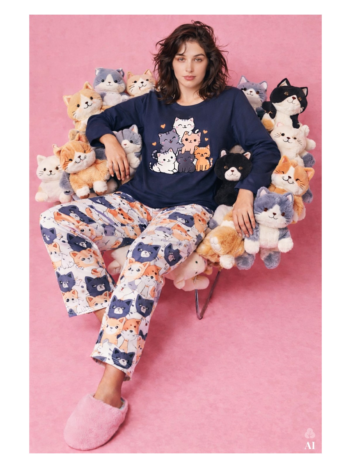 Koza İç Giyim Kadın Gri Pamuklu Kedili Örme Pijama Takımı