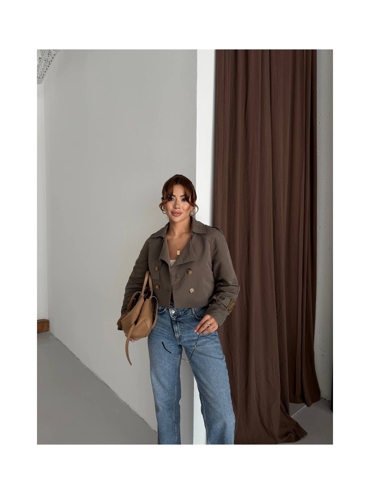 Madame Melek Mini Trençkot Pamuklu Trenç Kumaş Astarlı Düğmeli Kısa Ceket