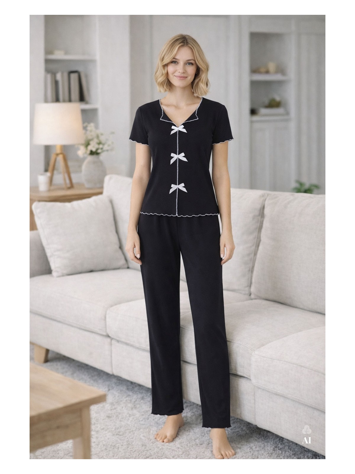 Koza İç Giyim Kadın Kısa Kollu Fiyonklu Fitilli Pijama Takımı - Görsel 3