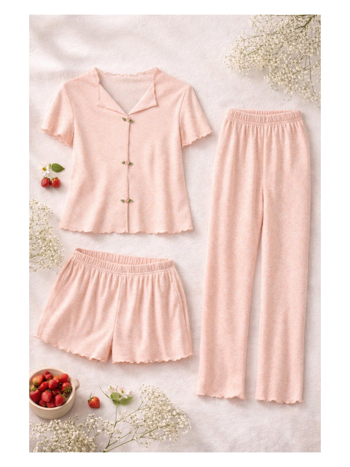 Koza İç Giyim Kadın Pamuklu 3'lü Yeşil Fiyonklu Kaşkorse Pijama Takımı - Görsel 4