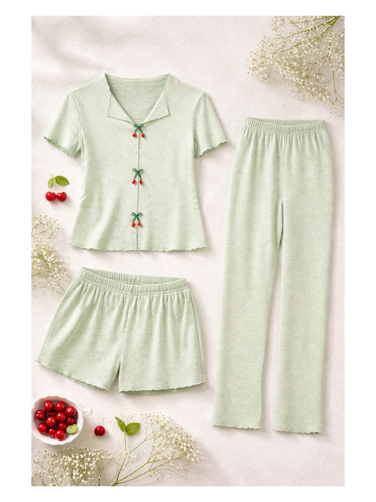 Koza İç Giyim Kadın Pamuklu 3'lü Yeşil Fiyonklu Kaşkorse Pijama Takımı