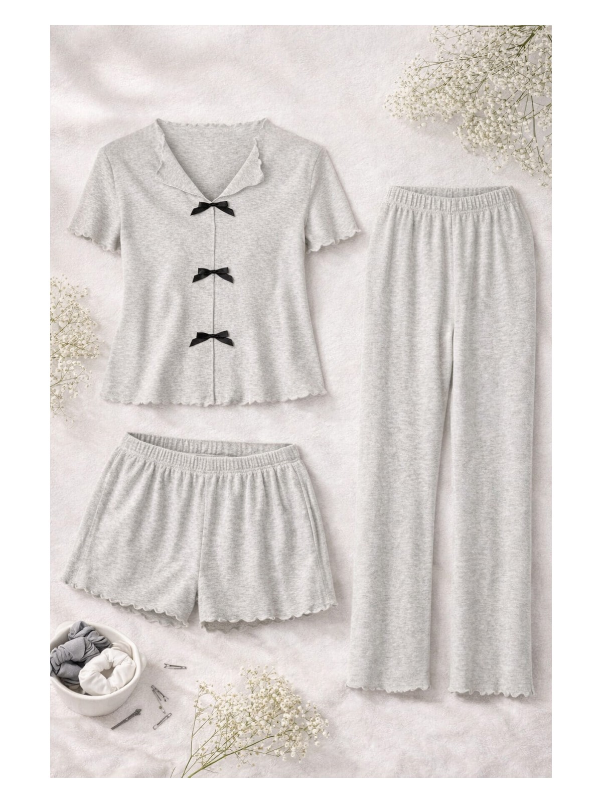 Koza İç Giyim Kadın Pamuklu 3'lü Yeşil Fiyonklu Kaşkorse Pijama Takımı - Görsel 3