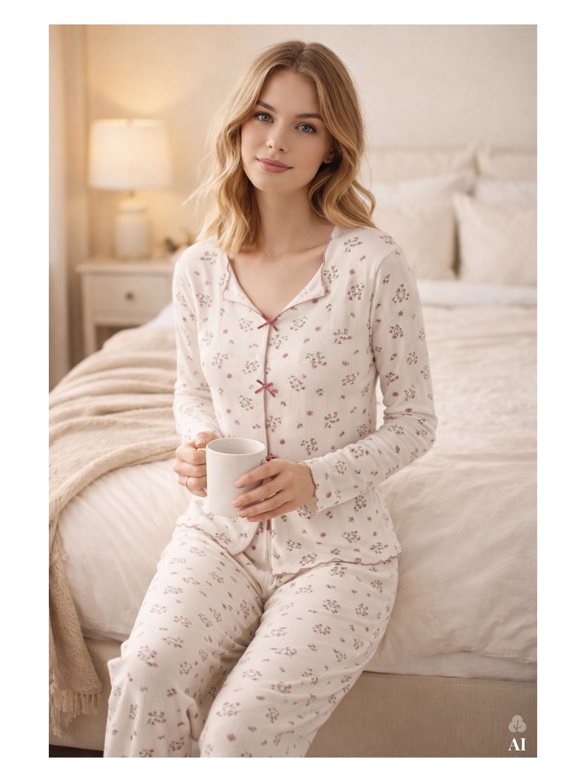 Koza İç Giyim Kadın Pamuklu Çıtır Çiçek Desenli Baby Overloklu Fiyonklu Uzun Kollu Pijama Takımı - Görsel 9