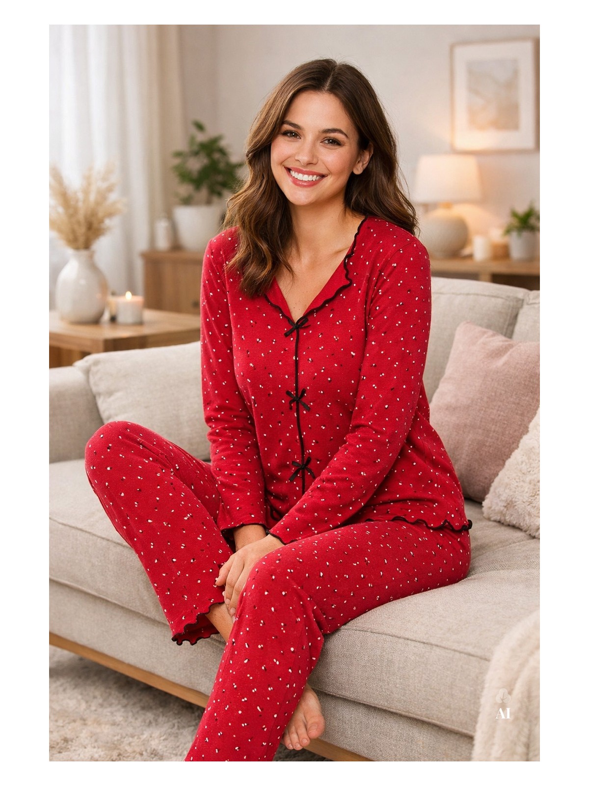 Koza İç Giyim Kadın Pamuklu Çıtır Çiçek Desenli Baby Overloklu Fiyonklu Uzun Kollu Pijama Takımı