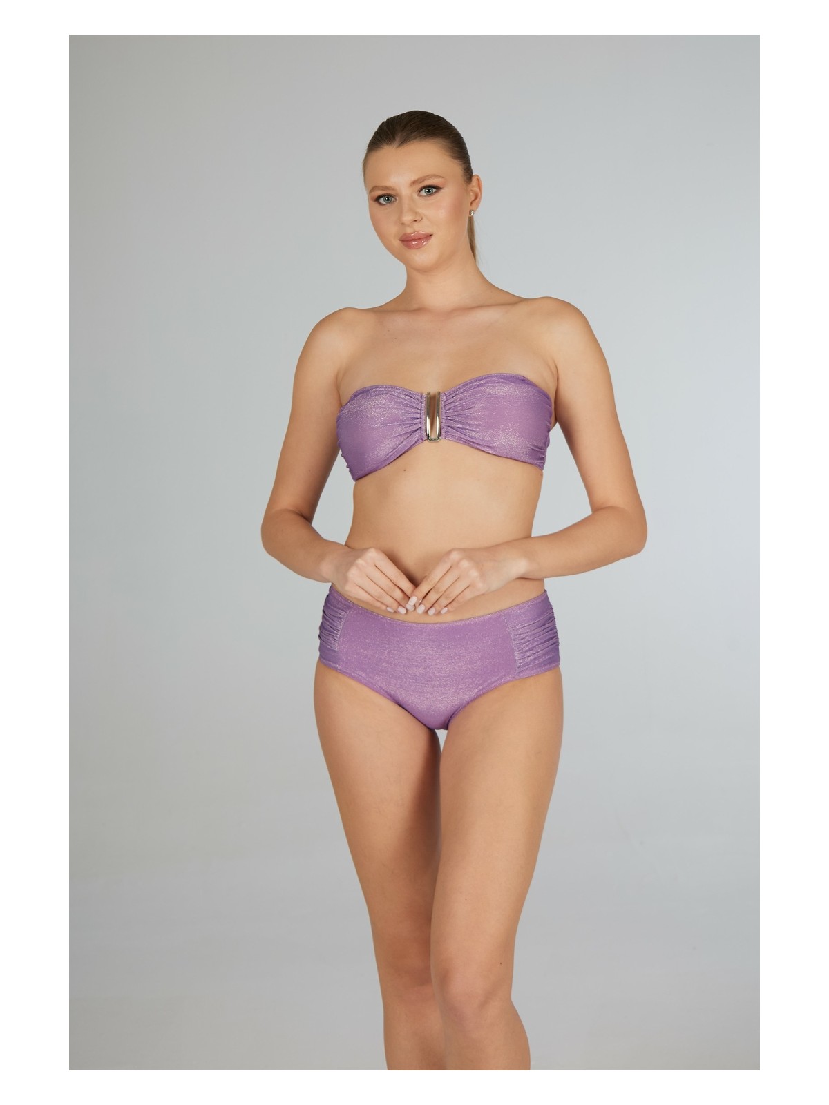 Estiva Kadın Parlak Lila Yüksek Bel Britli Aksesuarlı Straplez Bikini Takımı