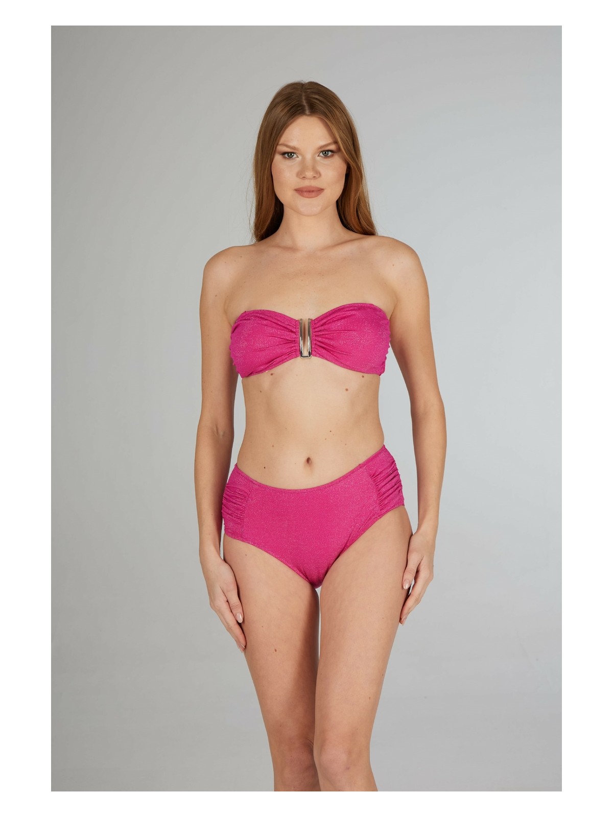 Estiva Kadın Parlak Fuşya Yüksek Bel Britli Aksesuarlı Straplez Bikini Takımı