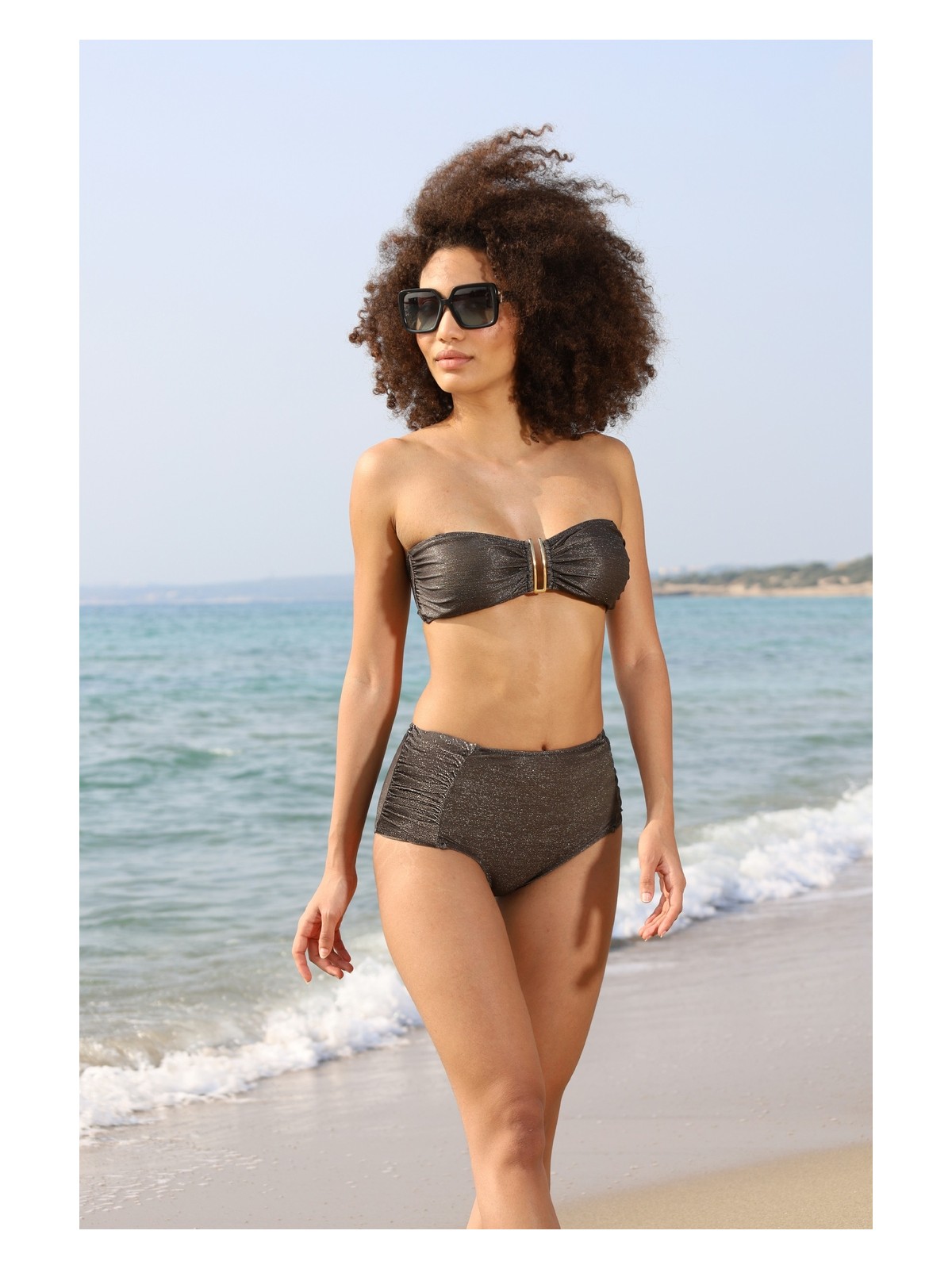 Estiva Kadın Parlak Kahverengi Yüksek Bel Britli Aksesuarlı Straplez Bikini Takımı