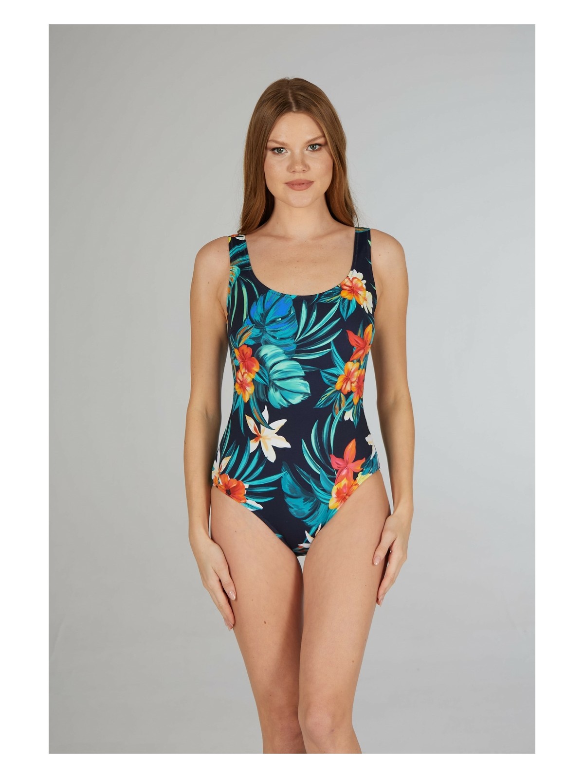 Estiva Kadın Tropikal Desenli Turkuaz U Yaka Emprime Tek Parça Mayo