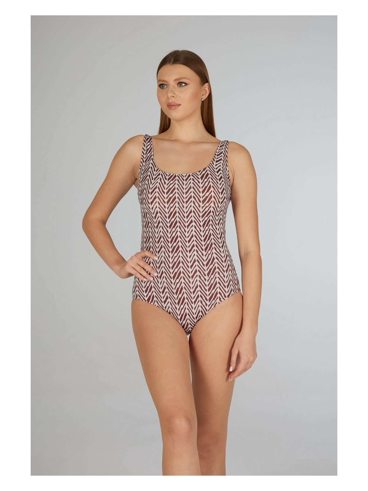 Estiva Kadın Çizgi Desenli Kahverengi U Yaka Emprime Battal Beden Tek Parça Mayo